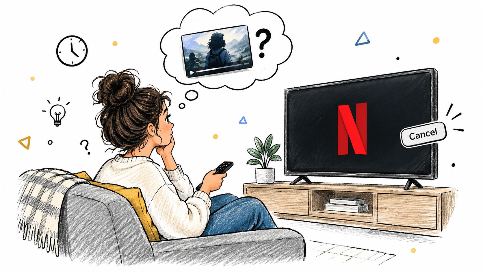 A young woman sitting on a couch, holding a remote and contemplating canceling her Netflix subscription.