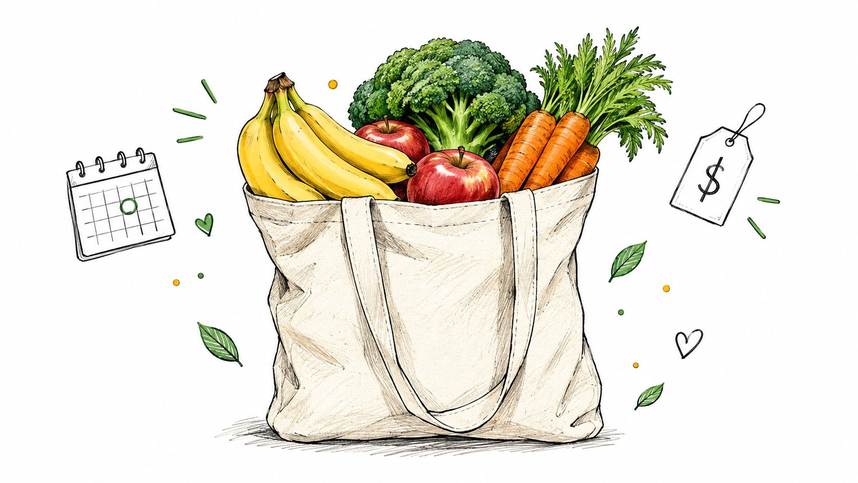 A canvas tote bag filled with fresh fruits and vegetables, including bananas, apples, broccoli, and carrots.