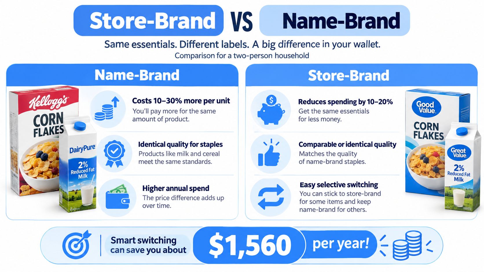 An infographic comparing store-brand and name-brand groceries, highlighting cost savings of $1,560 per year for households.