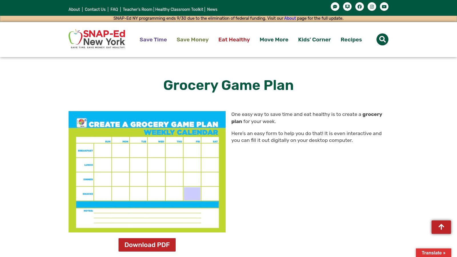 SNAP-Ed New York Grocery Game Plan
