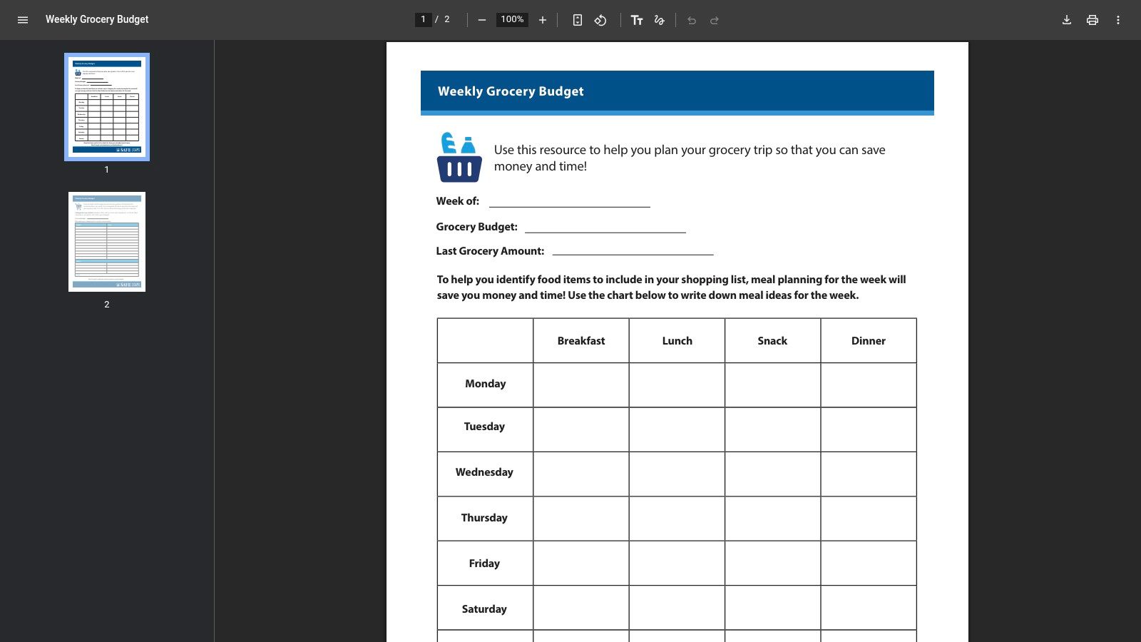 SAFE Credit Union Weekly Grocery Budget Worksheet