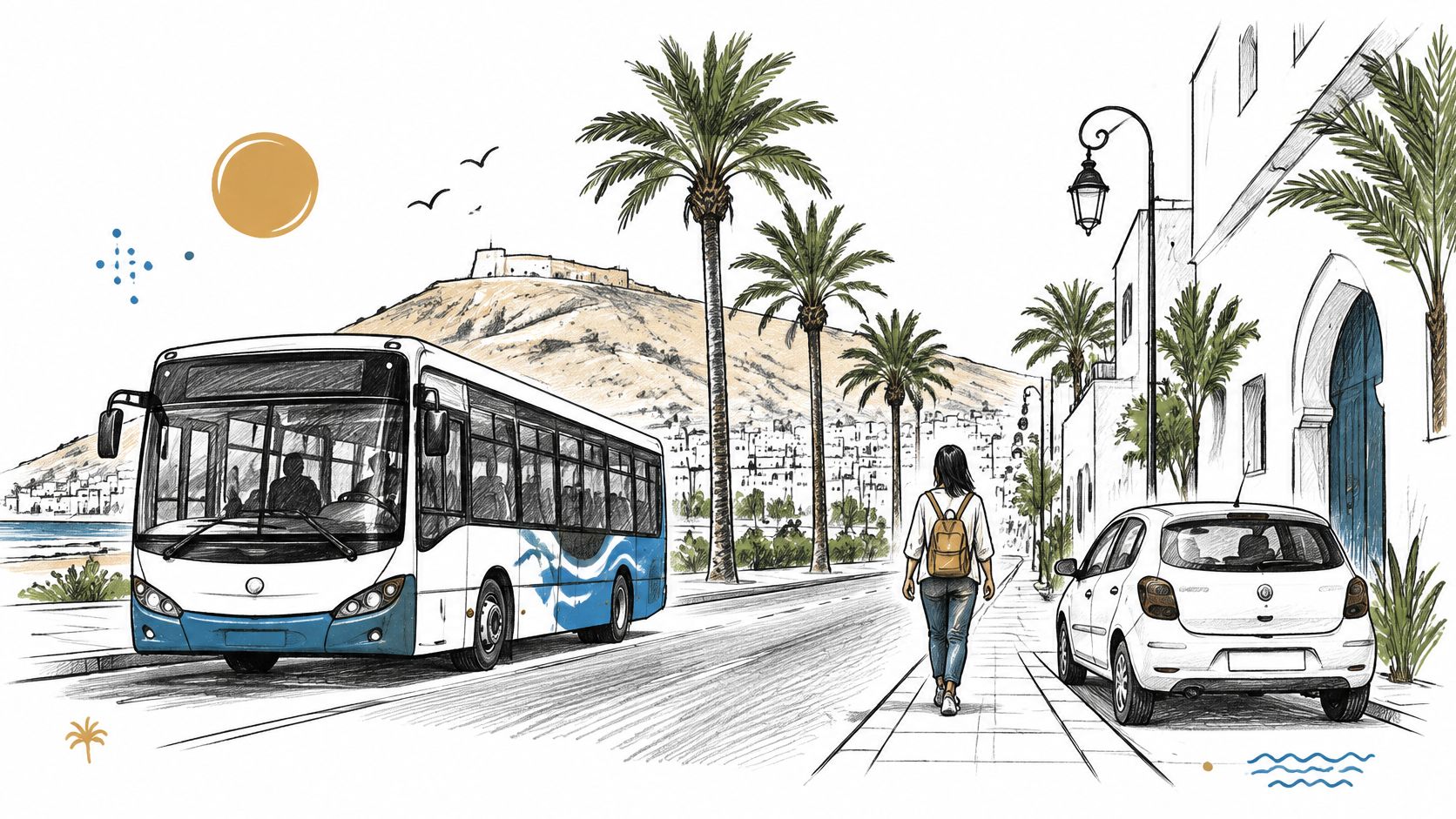 Une illustration montrant un bus et une femme marchant dans une rue ensoleillée d'Agadir près de la mer.