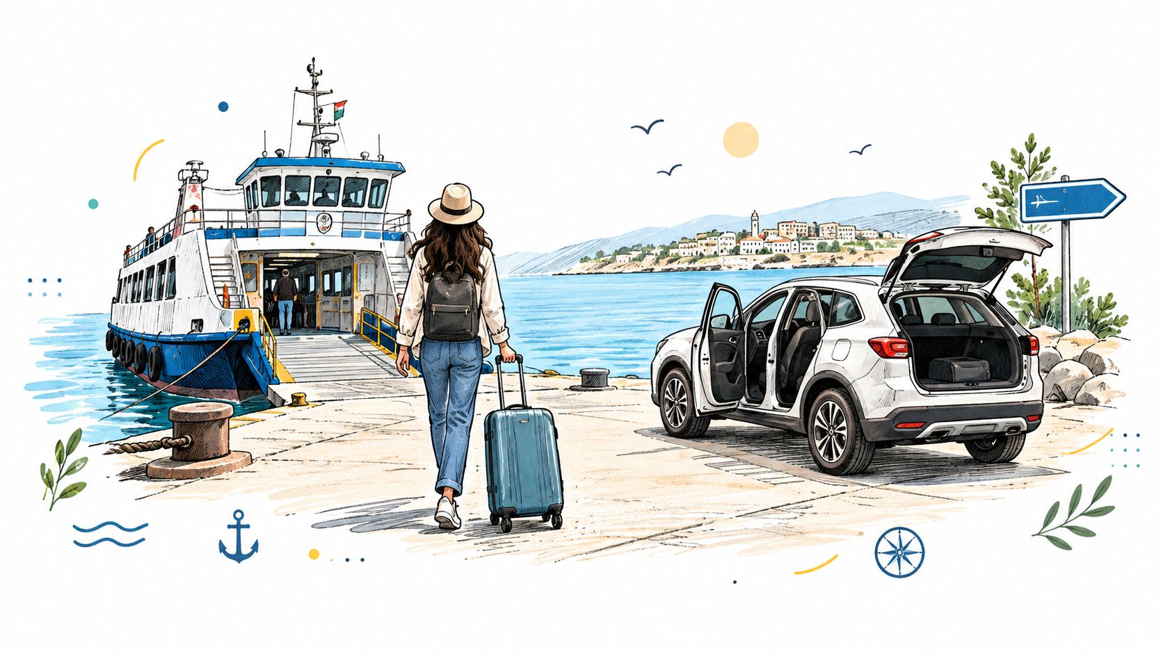 A woman with a suitcase walking towards a ferry next to a parked car at the port.