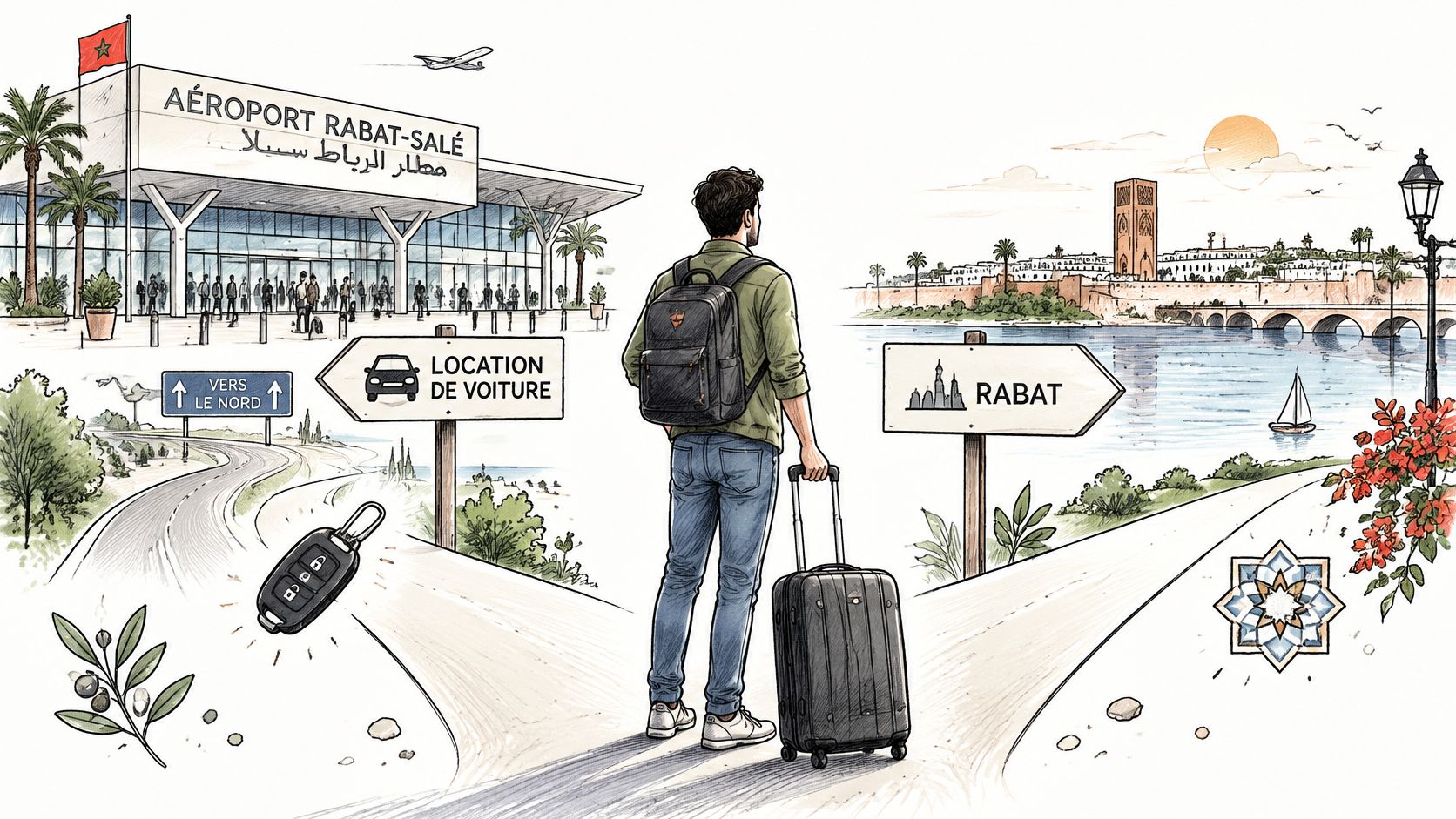 Un voyageur avec son sac à dos et sa valise à l'aéroport de Rabat-Salé au Maroc.