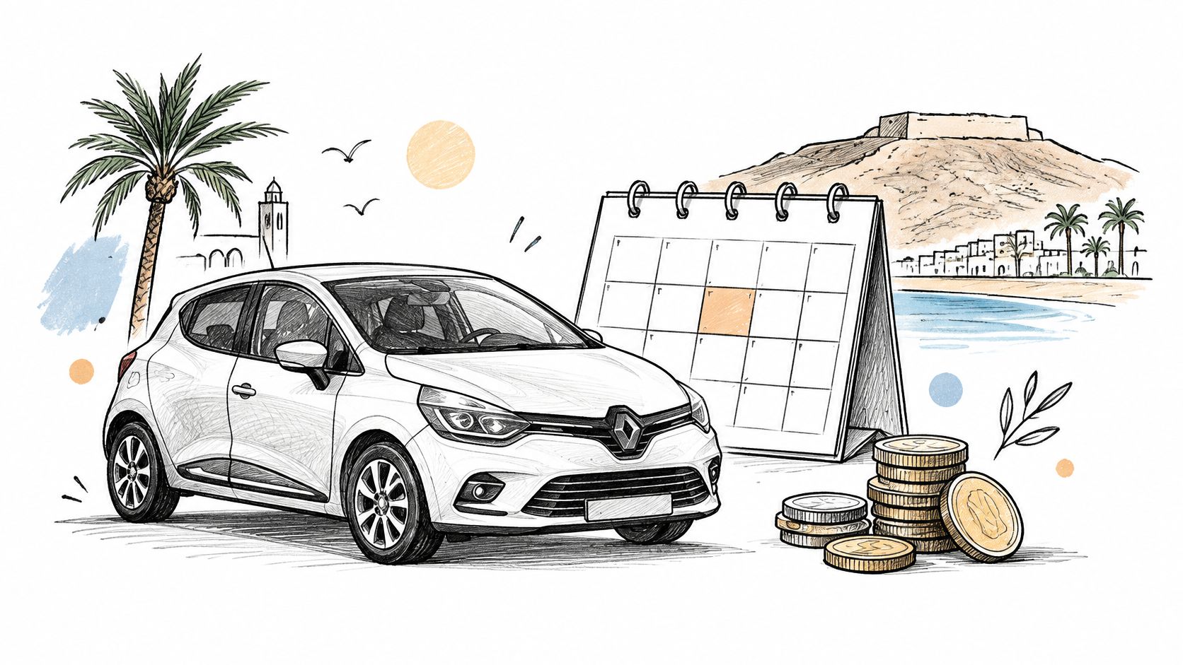Une voiture Renault blanche stationnée devant un calendrier, symbolisant la location longue durée à Agadir au Maroc.