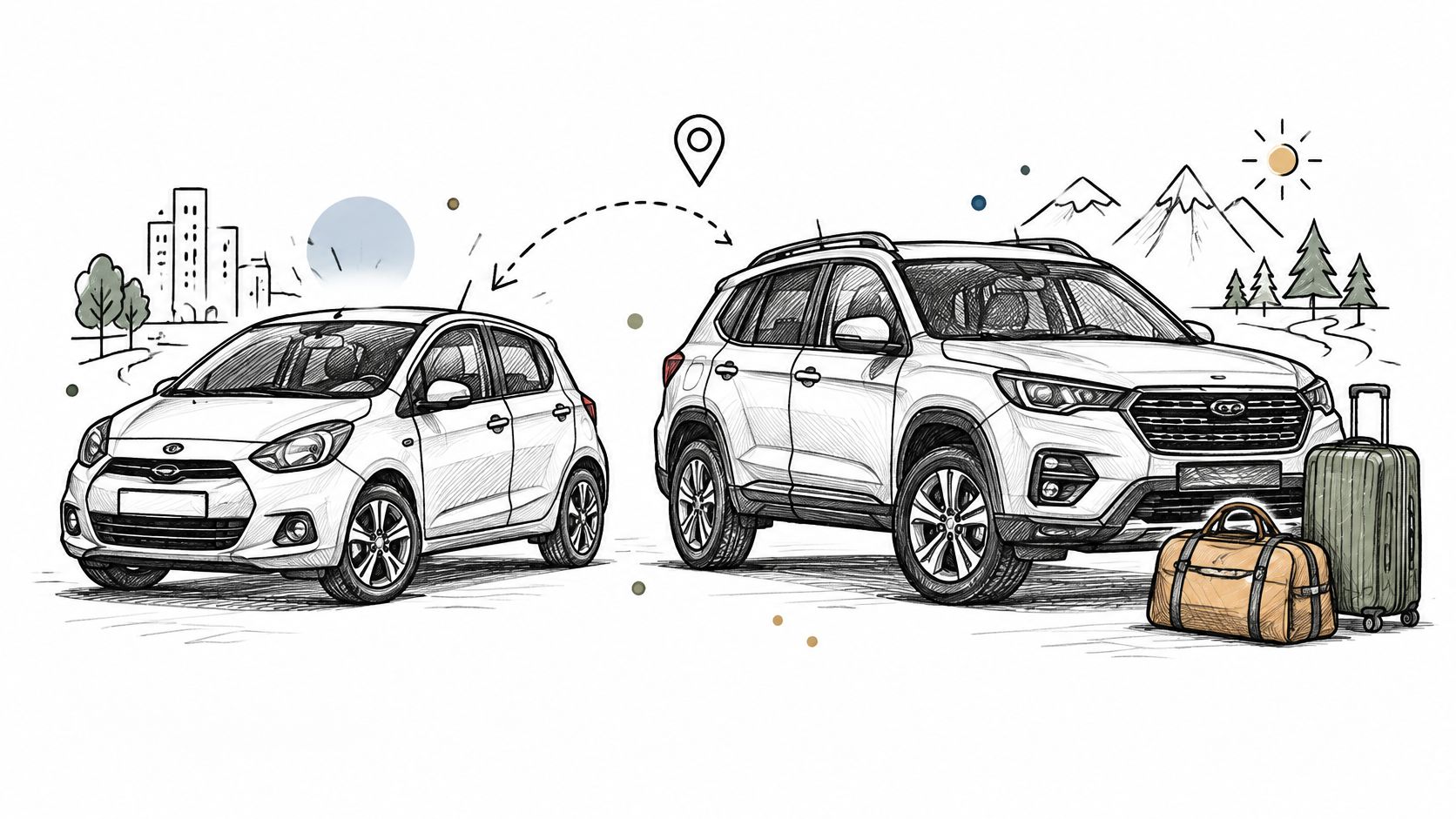 Une voiture de tourisme compacte et un SUV robuste prêts pour le voyage avec des bagages.