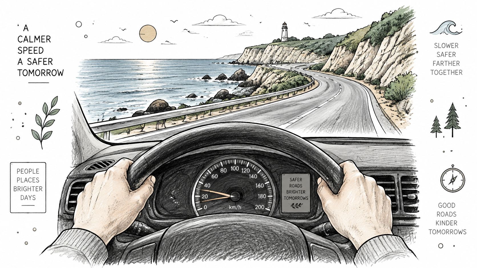 Une vue depuis le siège conducteur d'une voiture sur une route côtière panoramique avec un phare.