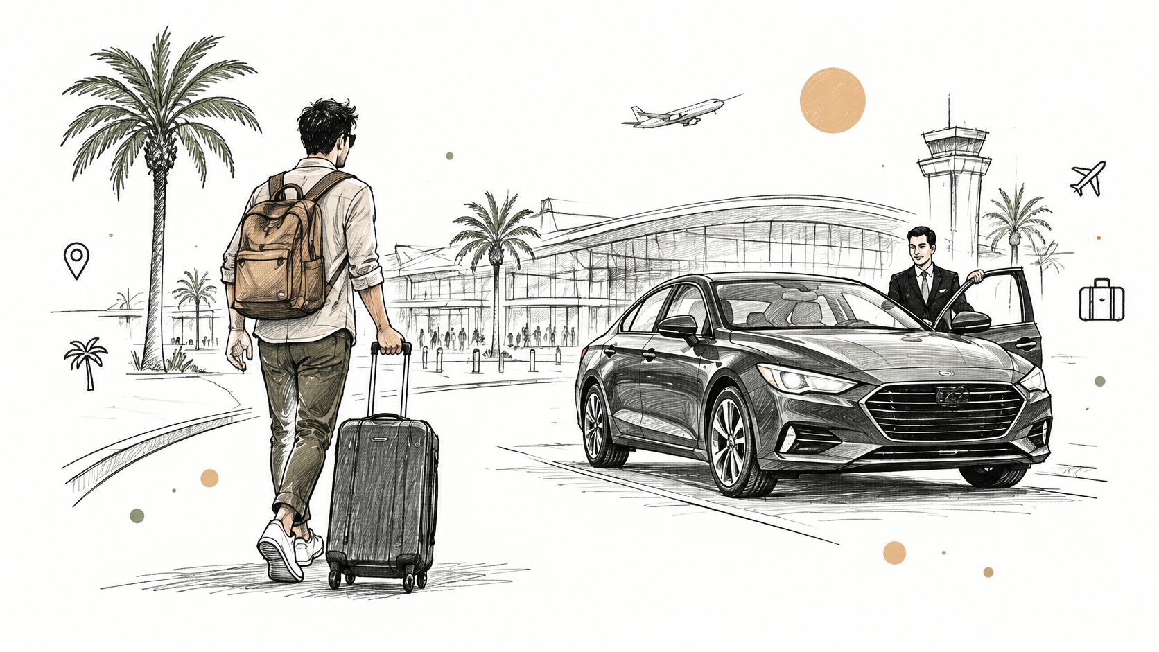 Un voyageur avec un sac à dos et une valise se dirige vers une voiture avec chauffeur devant l'aéroport.