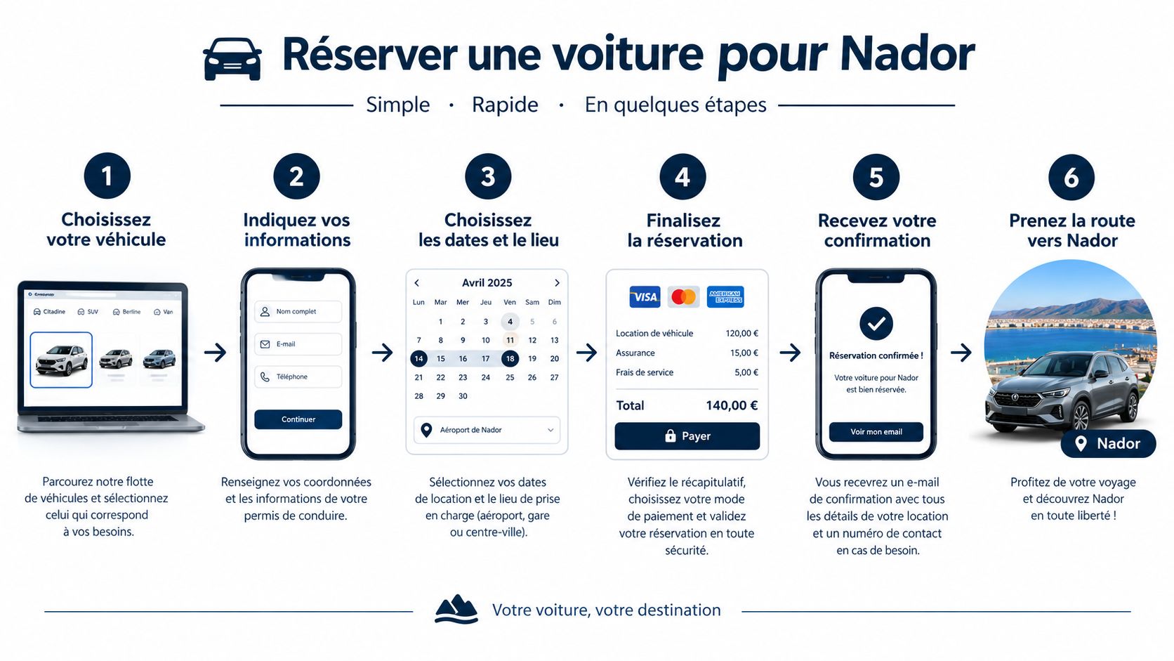 Infographic illustrating the six simple steps to book a rental car online in Nador.