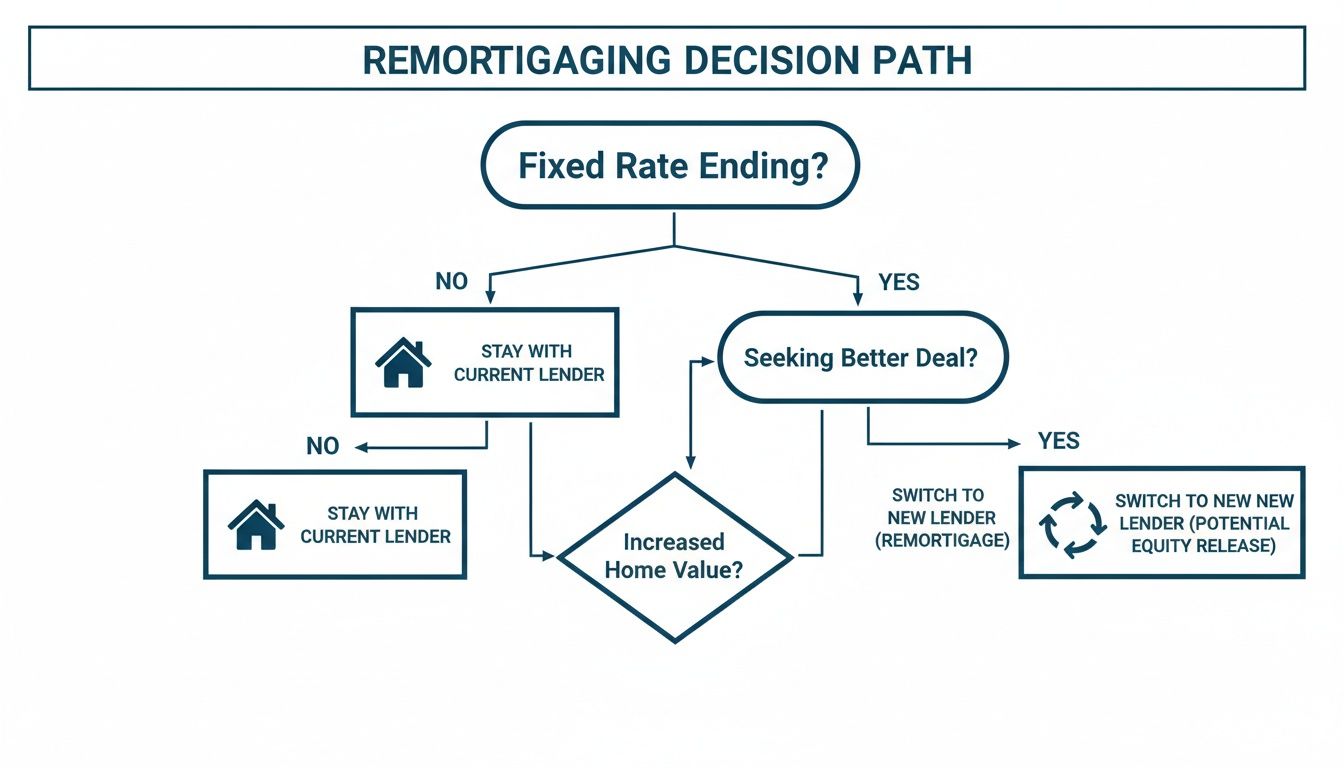 A flowchart illustrating the remortgaging decision path based on fixed rate ending, seeking better deals, and home value.