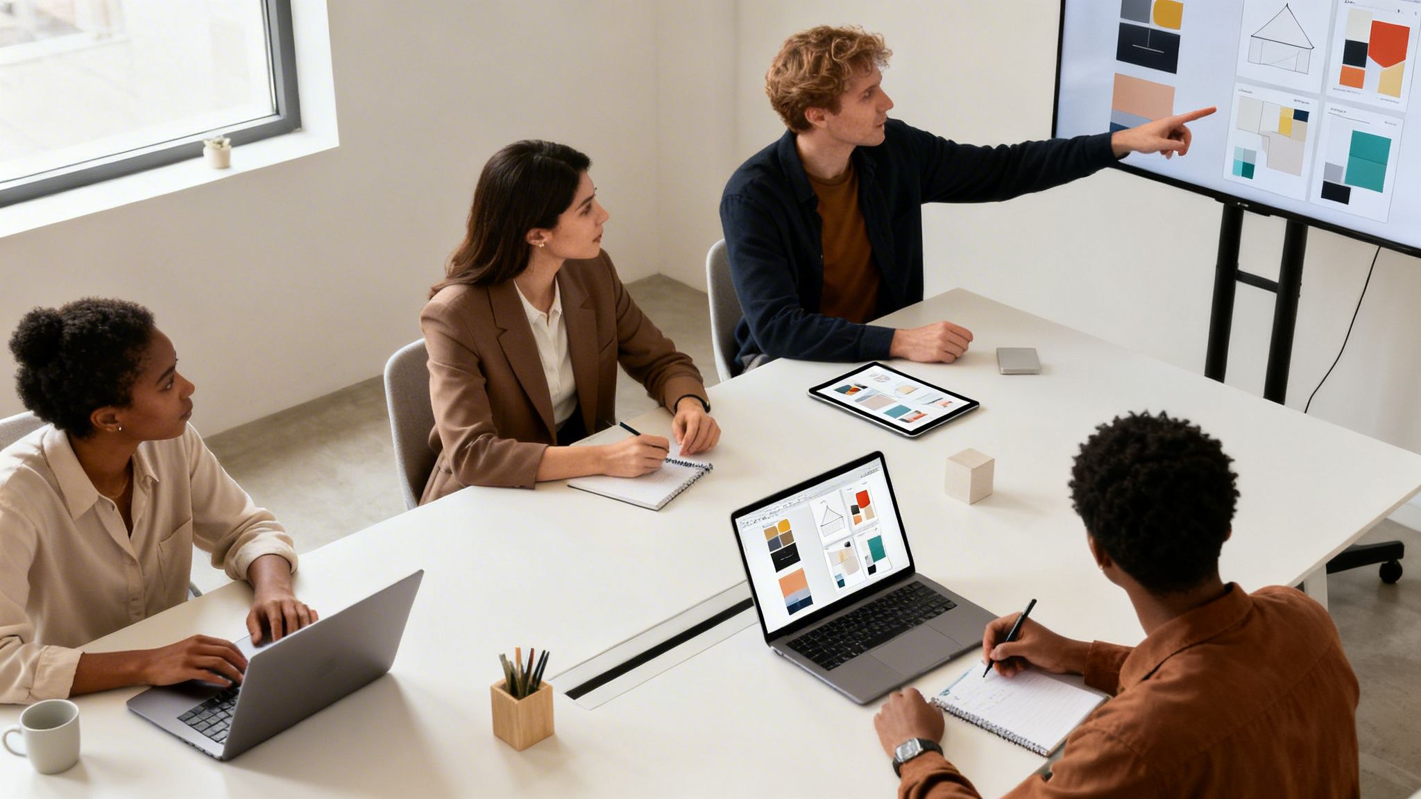 A diverse team collaborates in a modern office, discussing design concepts displayed on a large screen.