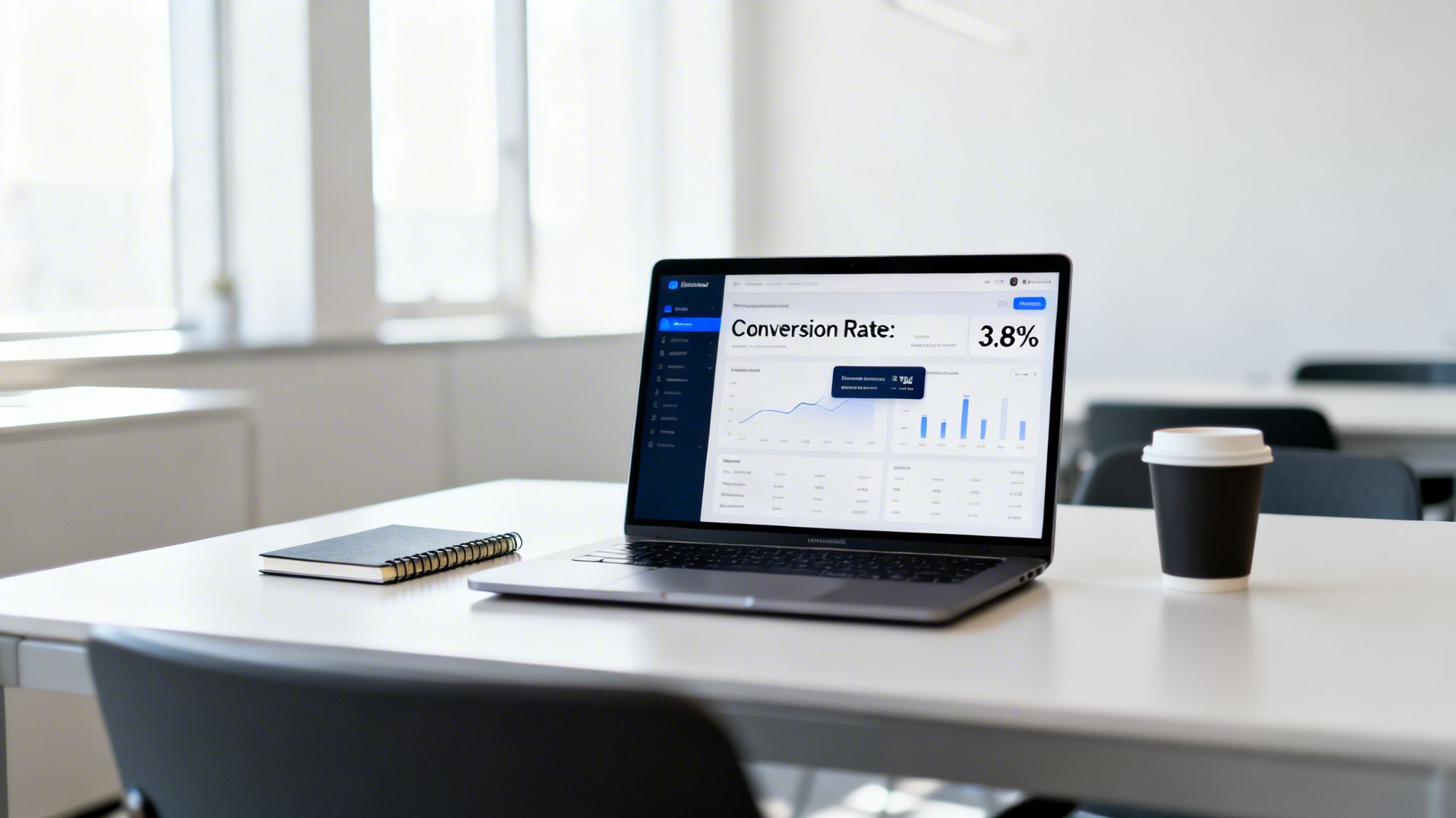 Laptop displaying a business analytics dashboard with a conversion rate of 3.8%, alongside a notebook and coffee cup on a clean office desk.
