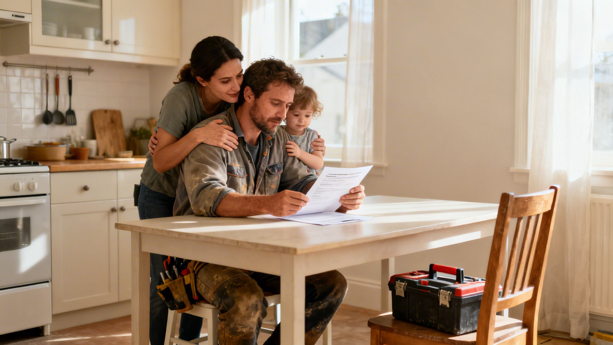 A family (man in work clothes, woman, child) reviews documents at a bright kitchen table.
