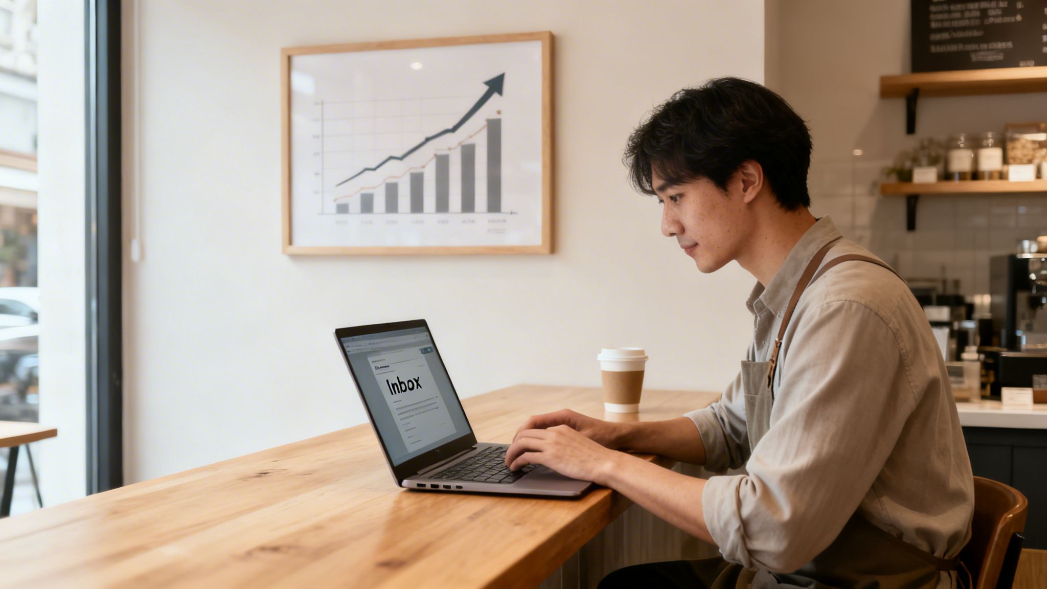 A man in an apron types on a laptop, checking his email inbox at a cafe table.