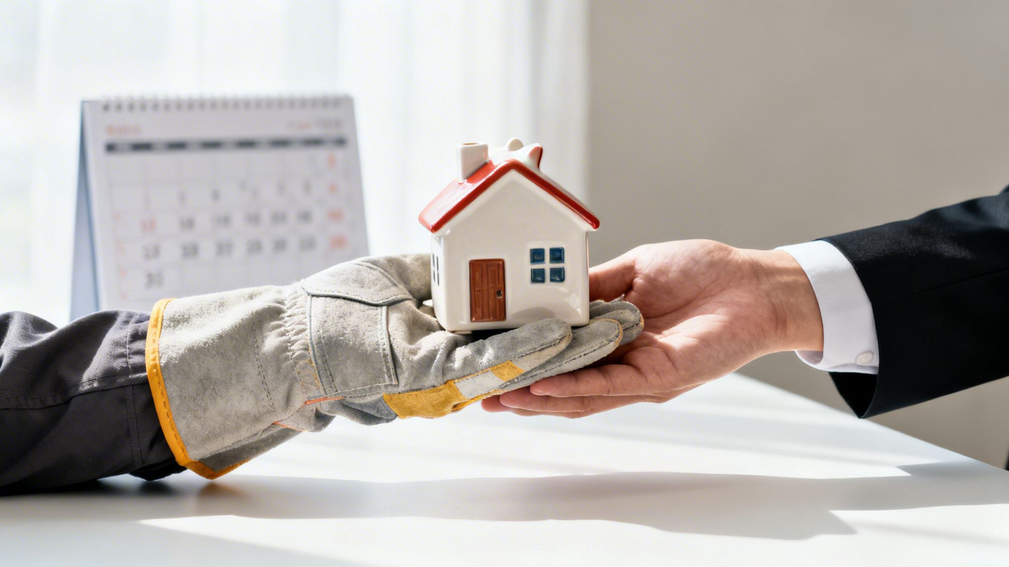 A gloved hand and a suited hand exchanging a small house model, symbolizing a real estate transaction.