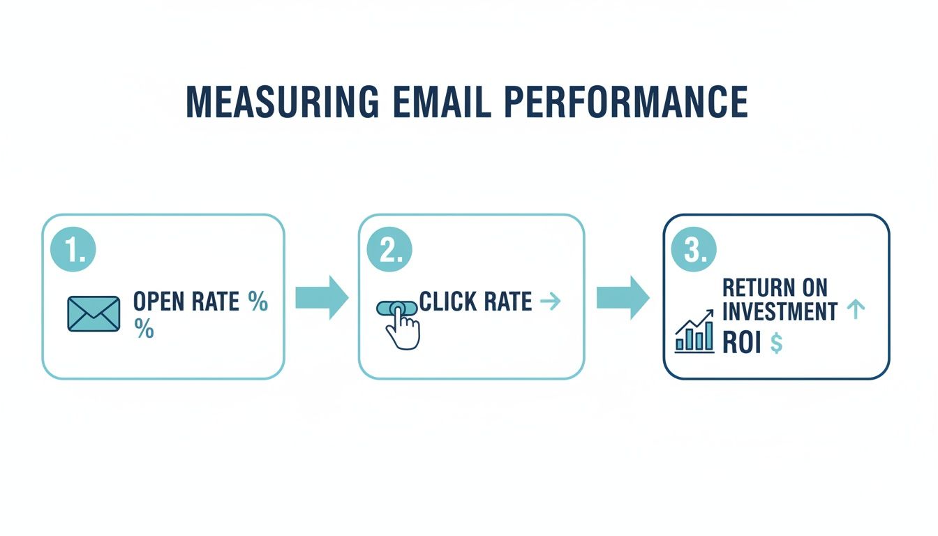 An infographic illustrating three key steps to measuring email performance: Open Rate, Click Rate, and Return on Investment.