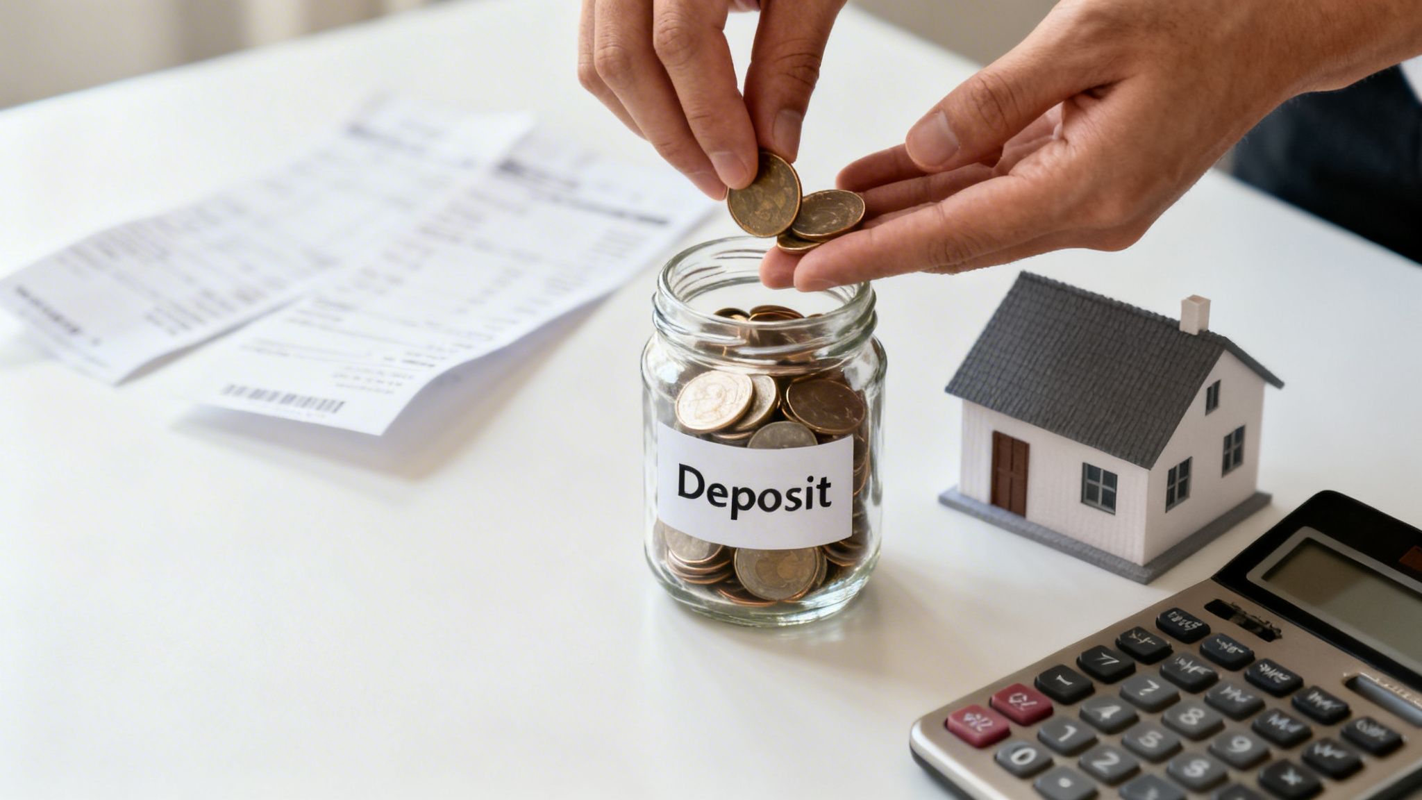 Hands putting coins into a 'Deposit' jar, with a model house and calculator, symbolizing saving for a home.