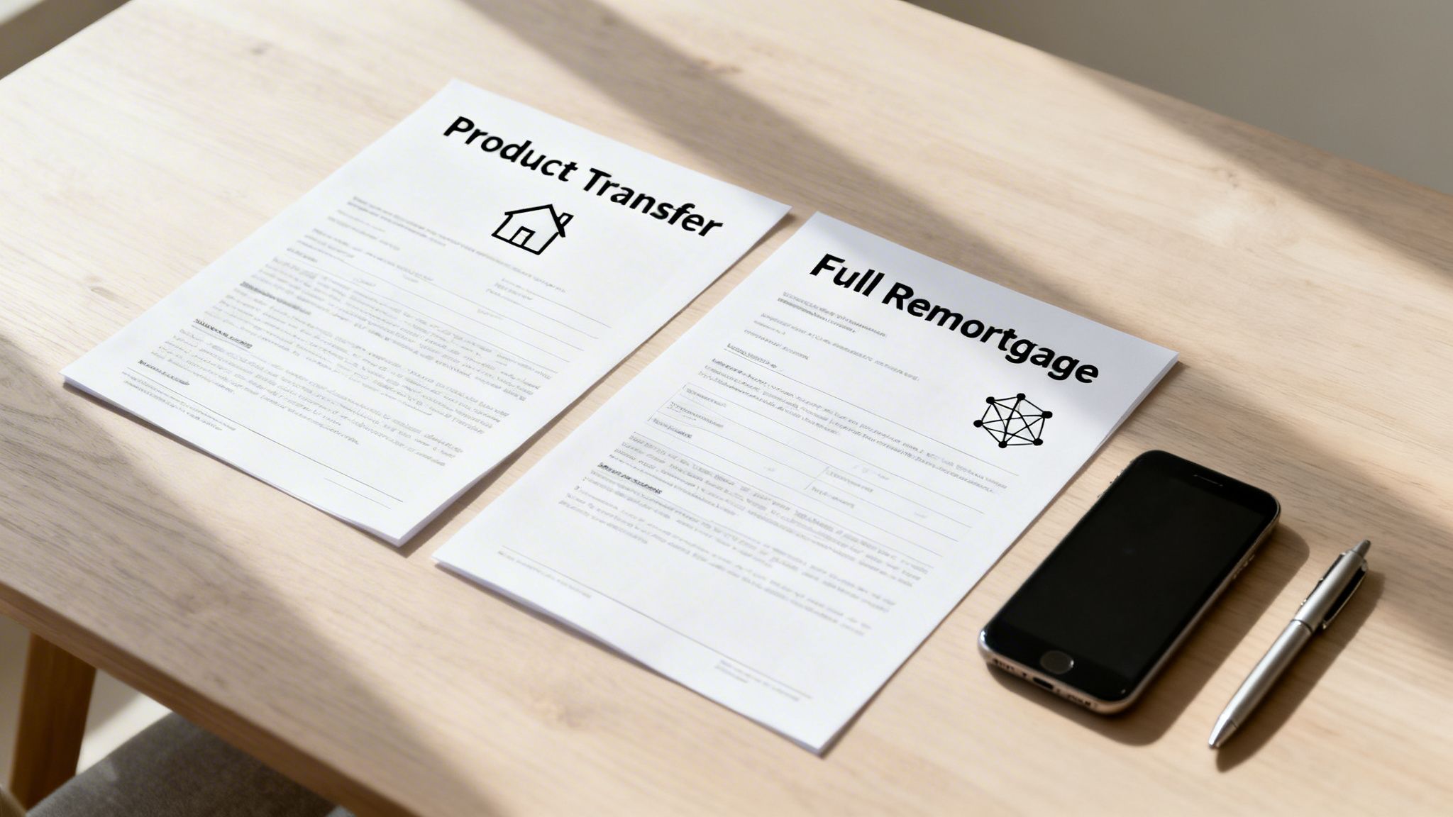 Mortgage documents for product transfer and full remortgage on a wooden table.
