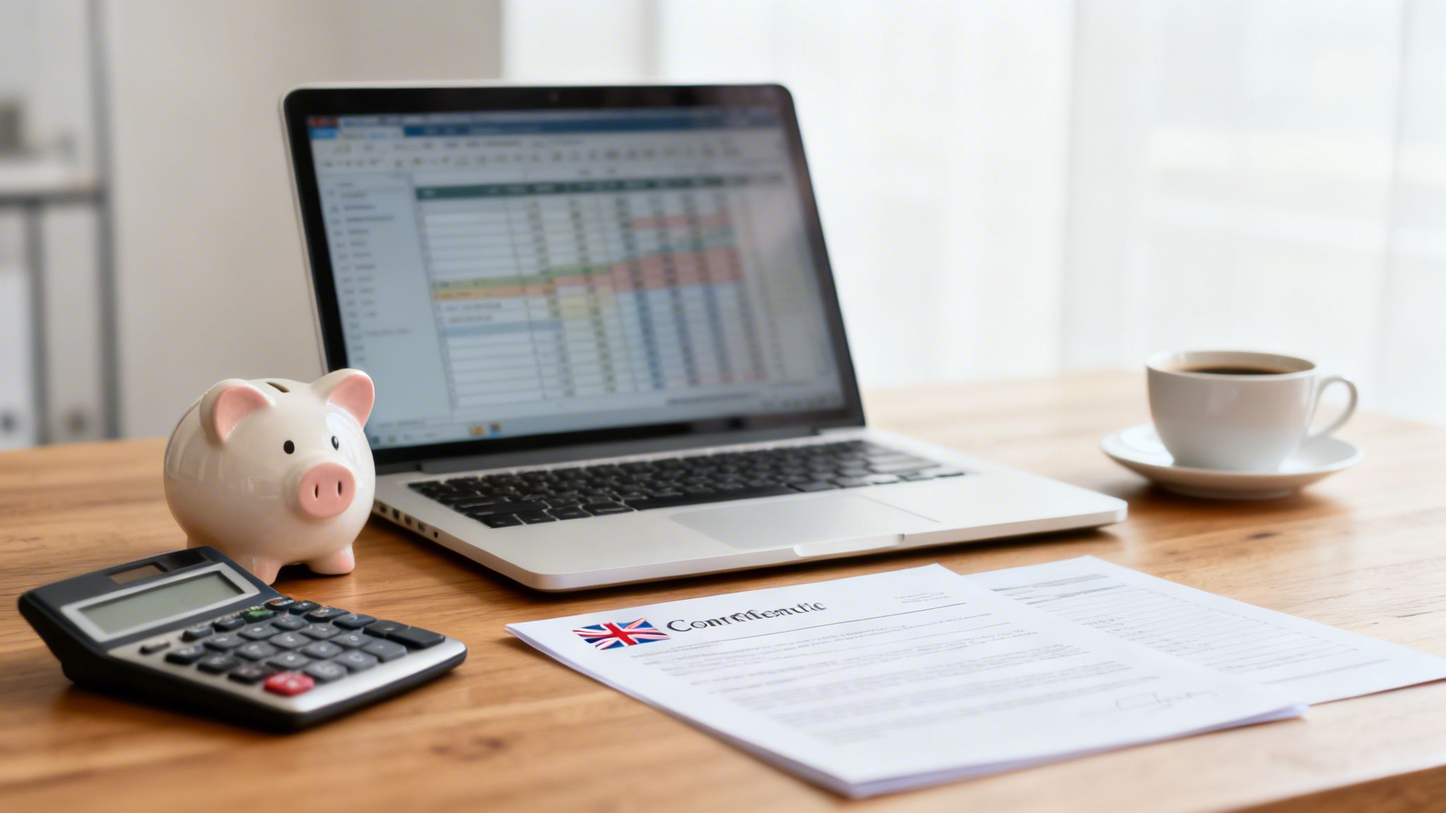 A desk setup with a laptop, calculator, piggy bank, coffee, and a document with a flag.