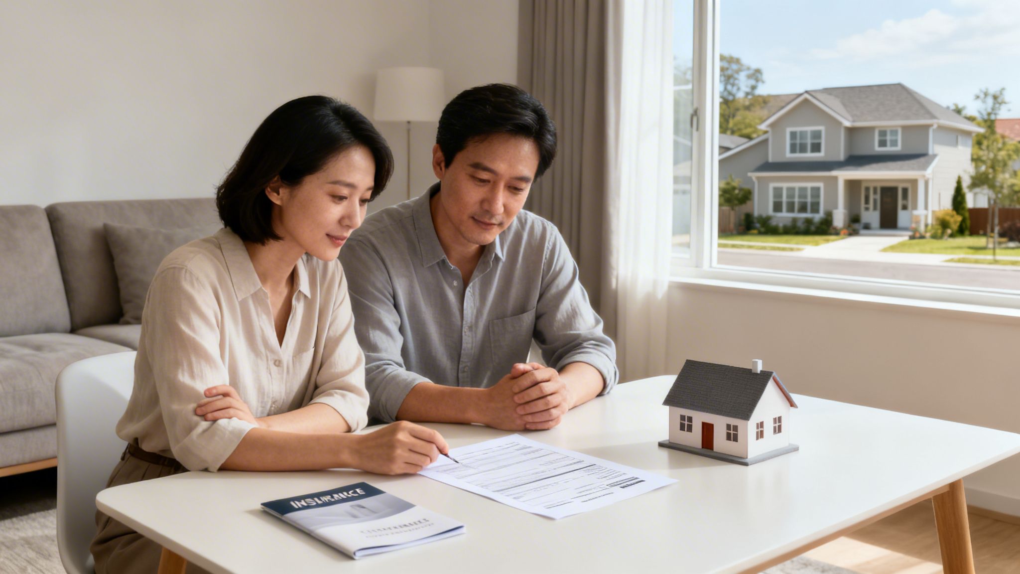 A couple reviews mortgage payment protection insurance documents with a house model indoors.