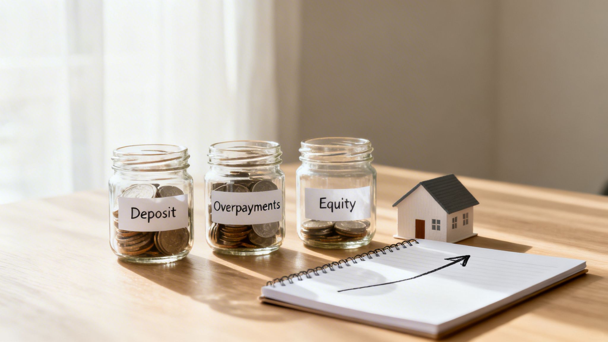 Three glass jars labeled 'Deposit', 'Overpayments', and 'Equity' filled with coins, next to a miniature house model and a notebook with an upward arrow.