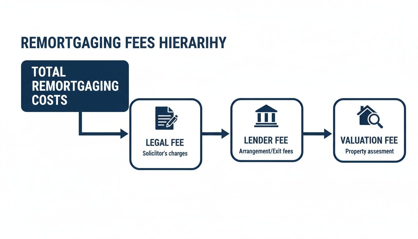 A flowchart illustrates the hierarchy of remortgaging fees, detailing total costs including legal, lender, and valuation fees.