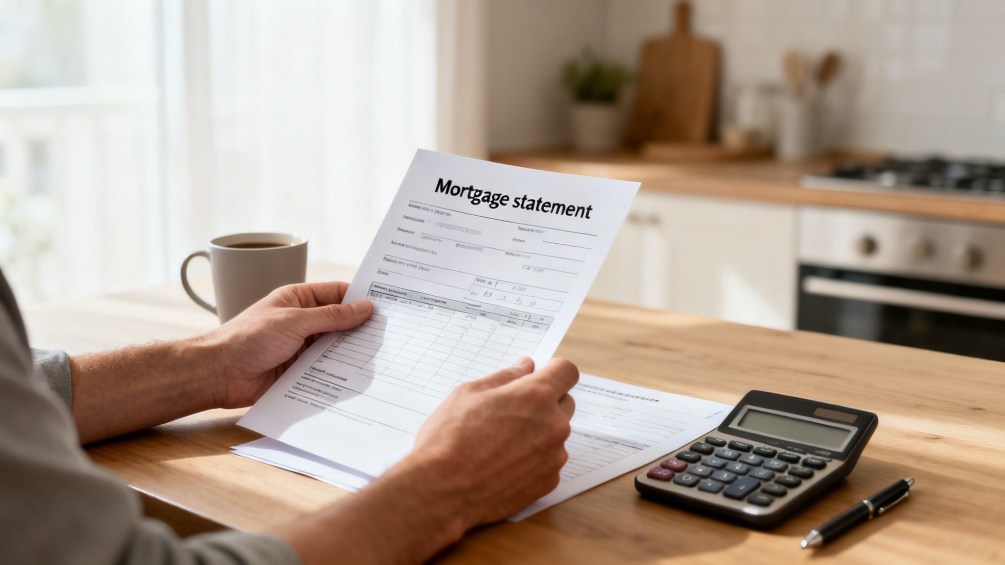 Close-up of a person's hands holding a mortgage statement, with a calculator, pen, and coffee on a kitchen table.