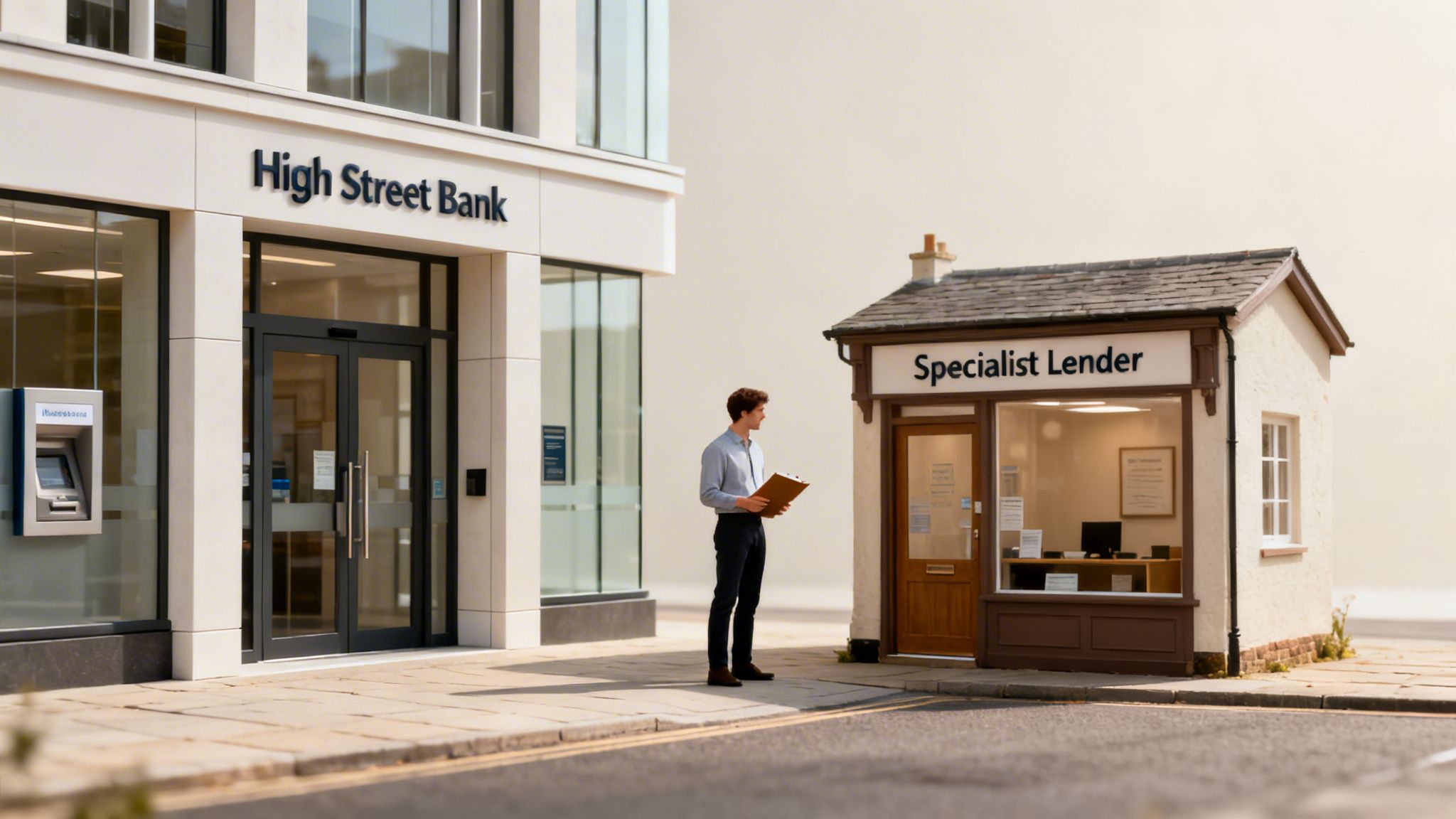 A man with a clipboard stands between a modern bank and a small specialist lender building.