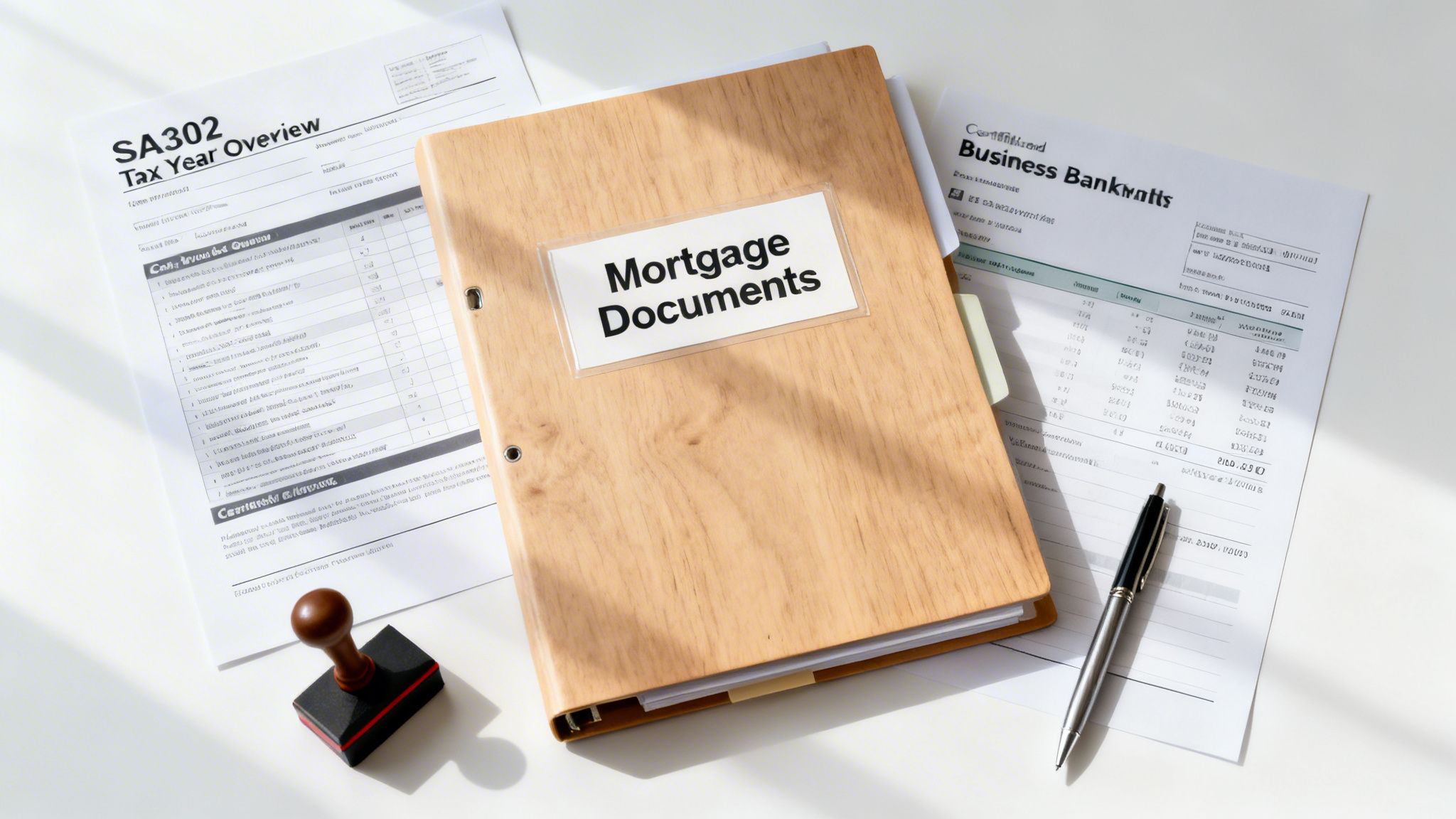A binder labeled 'Mortgage Documents' rests on a desk surrounded by various financial papers, a pen, and a stamp.