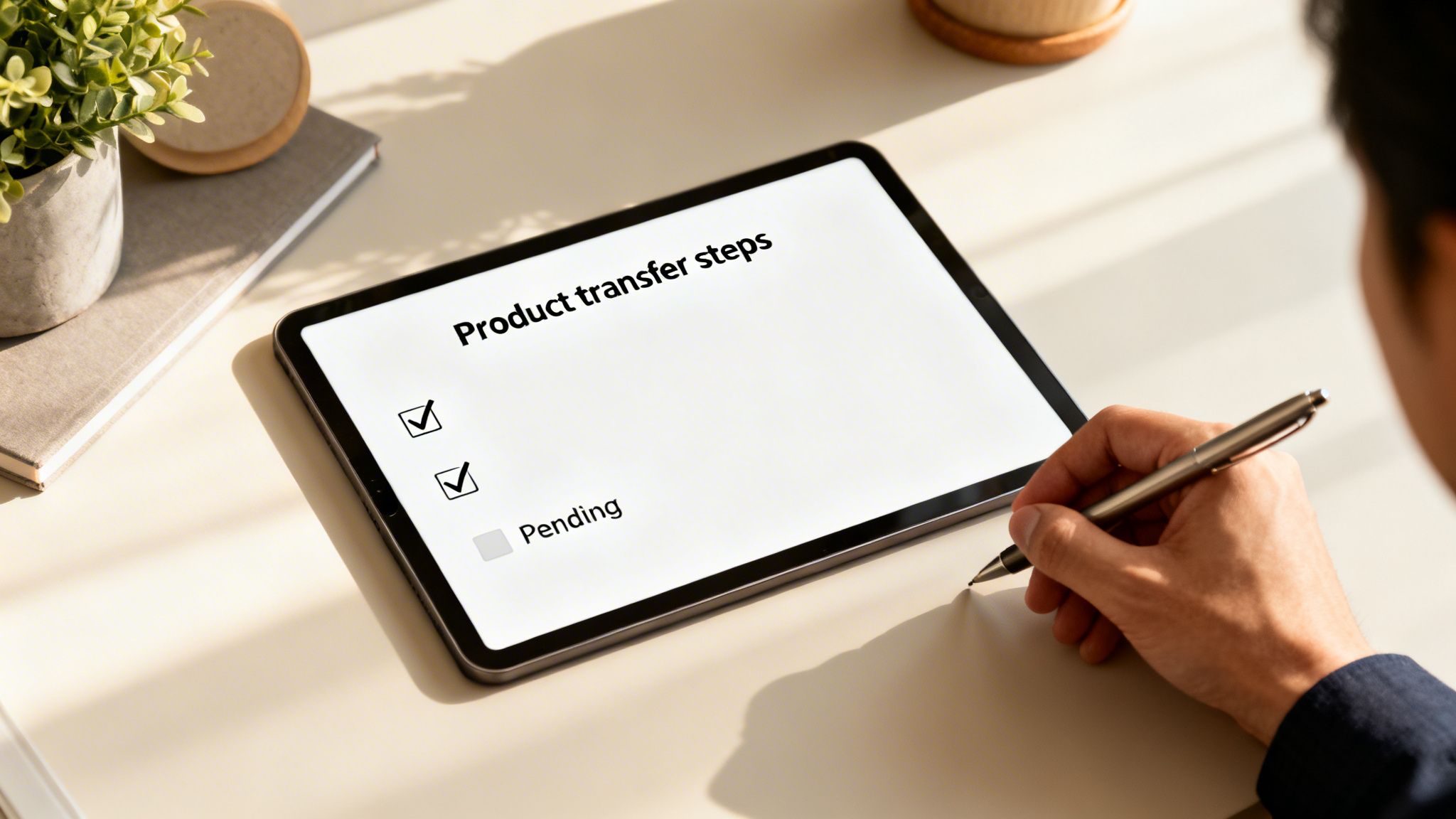 A person's hand uses a pen on a tablet displaying 'Product transfer steps' with a checklist.