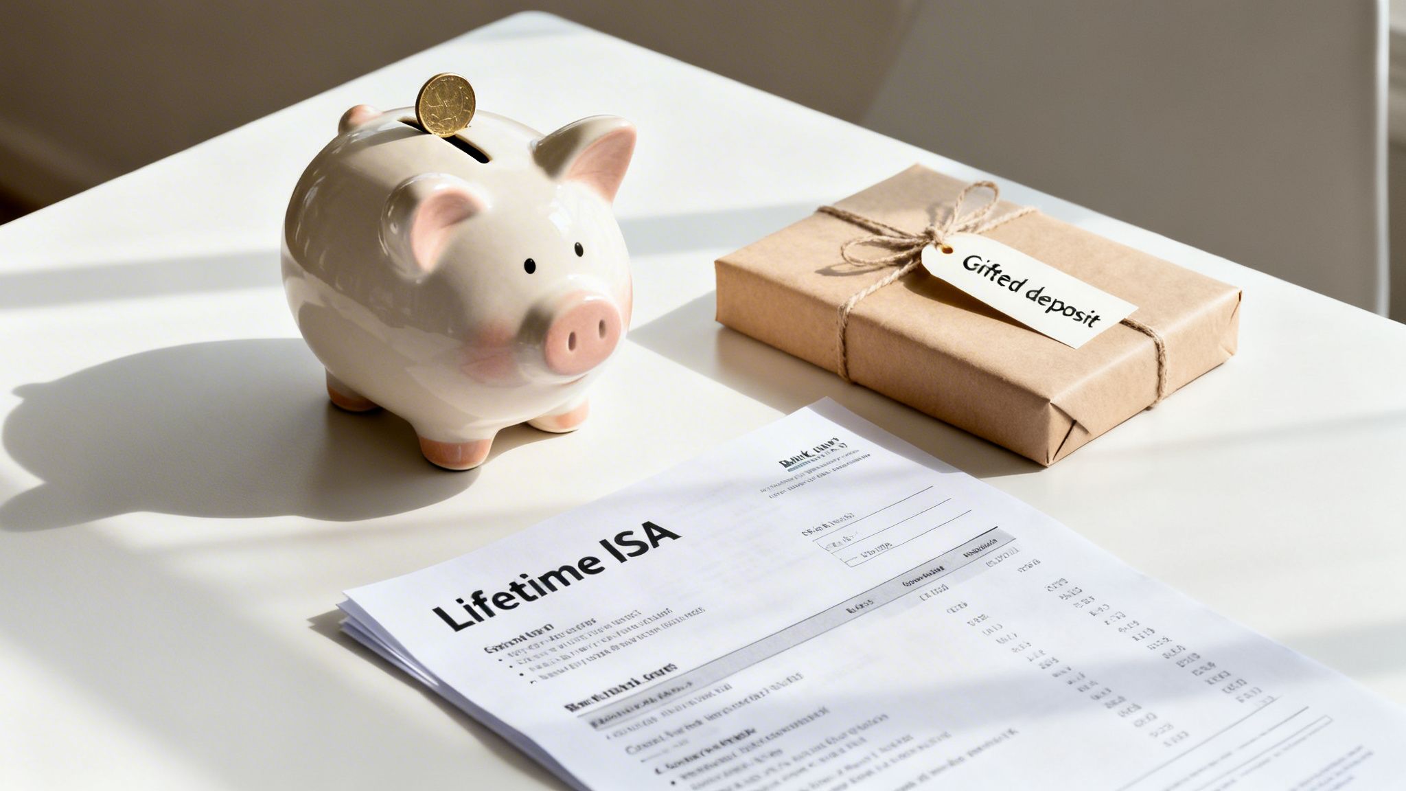 Piggy bank, 'Gifted deposit' box, and 'Lifetime ISA' document on a table, symbolizing savings and financial planning.