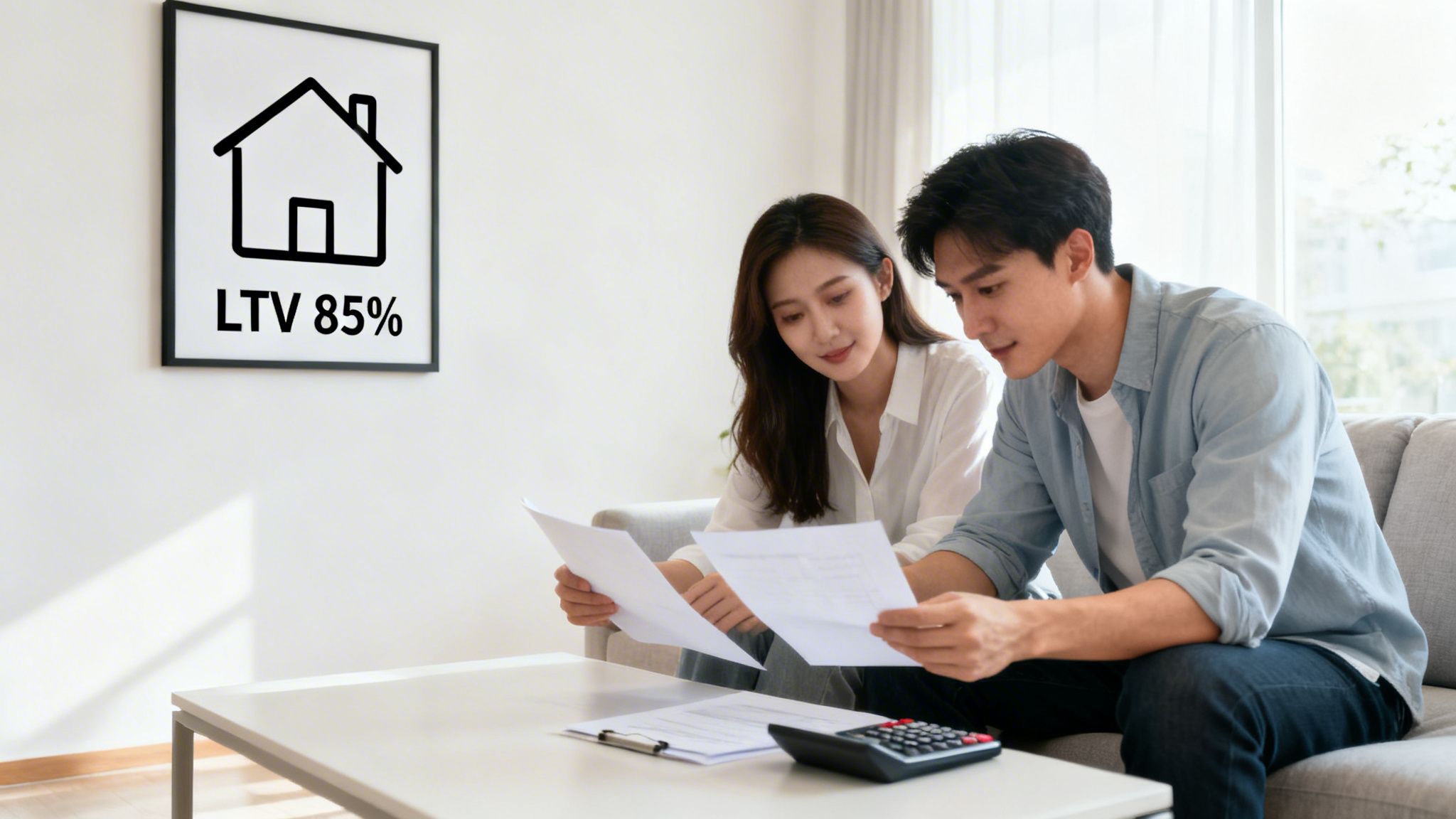 An Asian couple discusses mortgage documents with LTV 85% home loan information displayed.