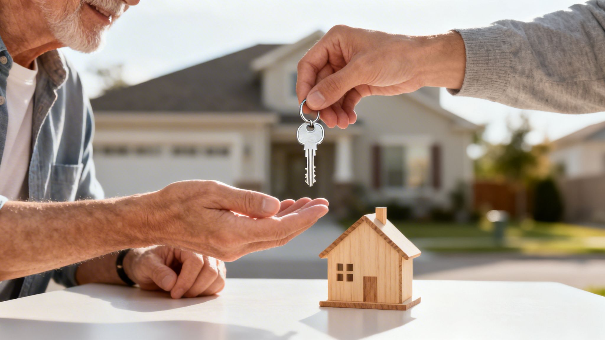 Two men exchanging house keys over a table with a wooden house model, representing a home sale.