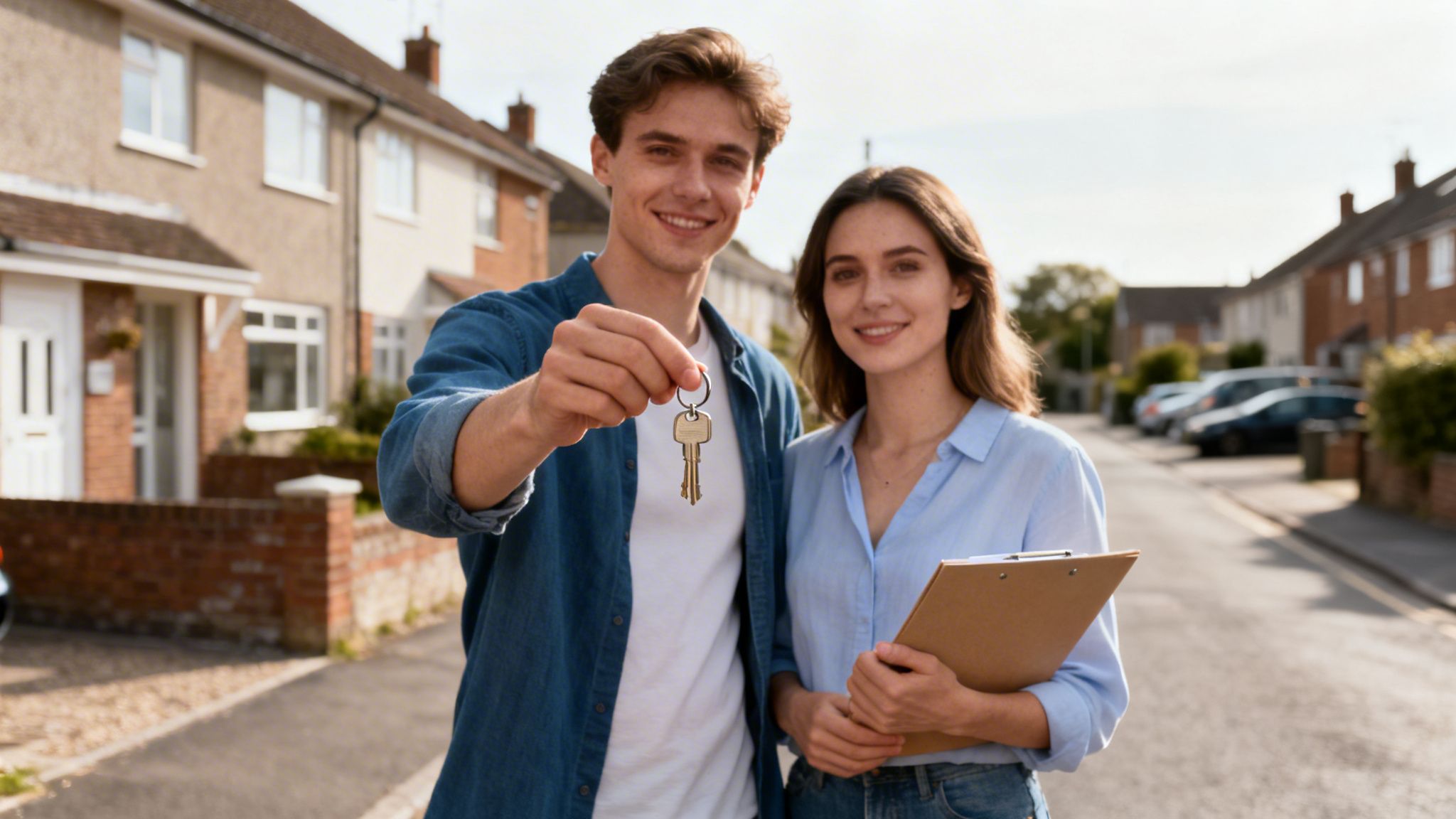 Smiling young couple holding house keys and a clipboard in front of residential houses.
