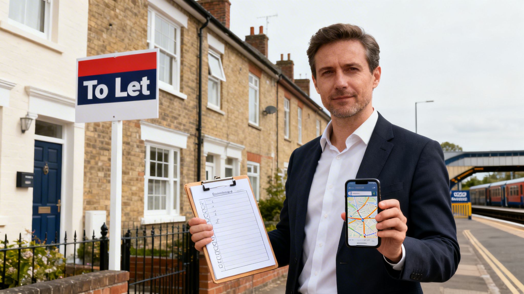 A man in a suit holds a clipboard and a smartphone with a map, standing by a 'To Let' sign and houses.