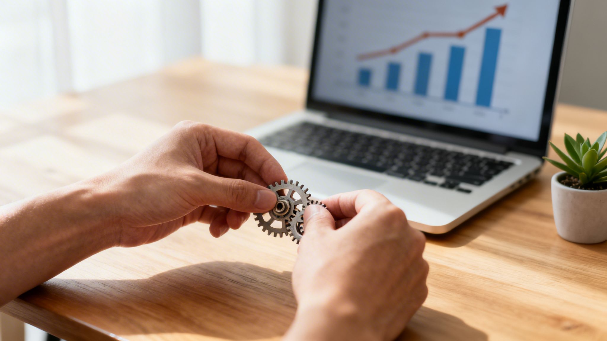 Hands connecting metal gears on a wooden desk with a laptop showing a rising business graph.