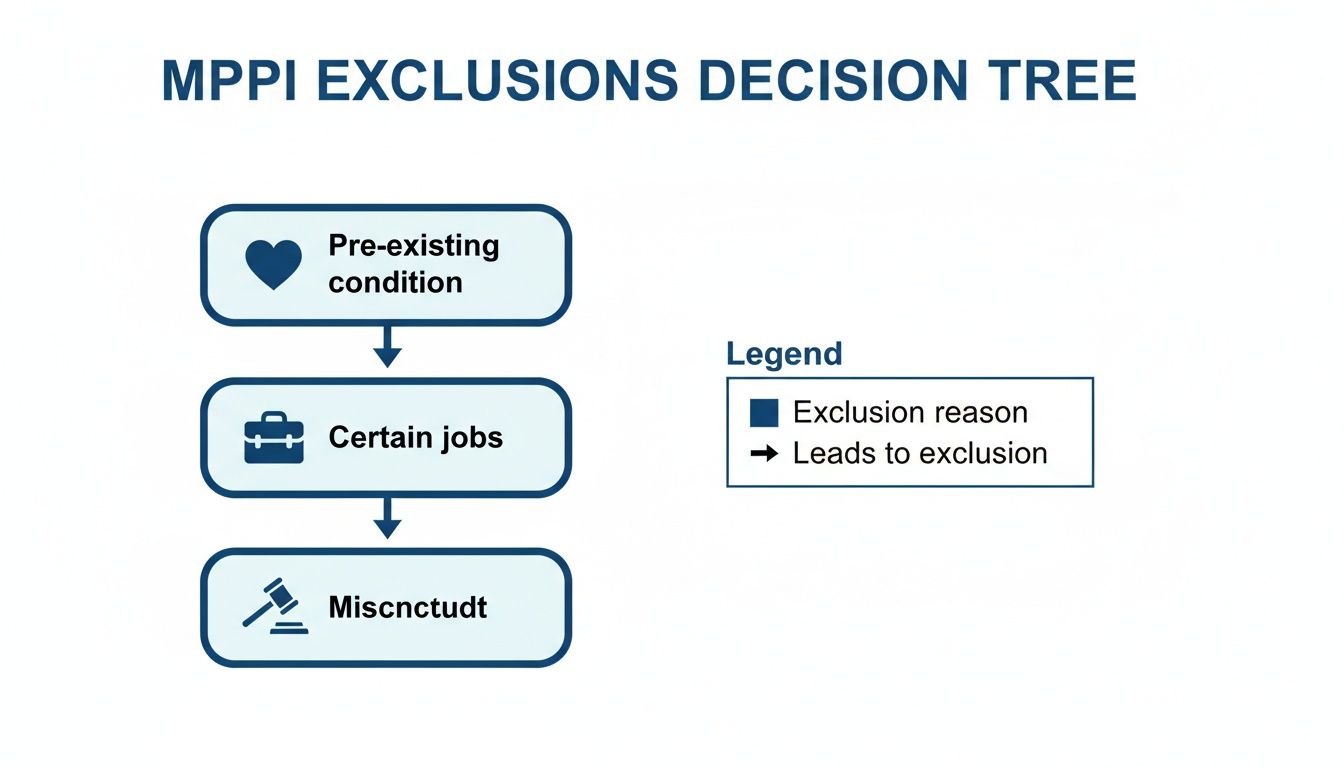 Decision tree illustrating MPPI exclusions based on pre-existing conditions, certain jobs, and misconduct.