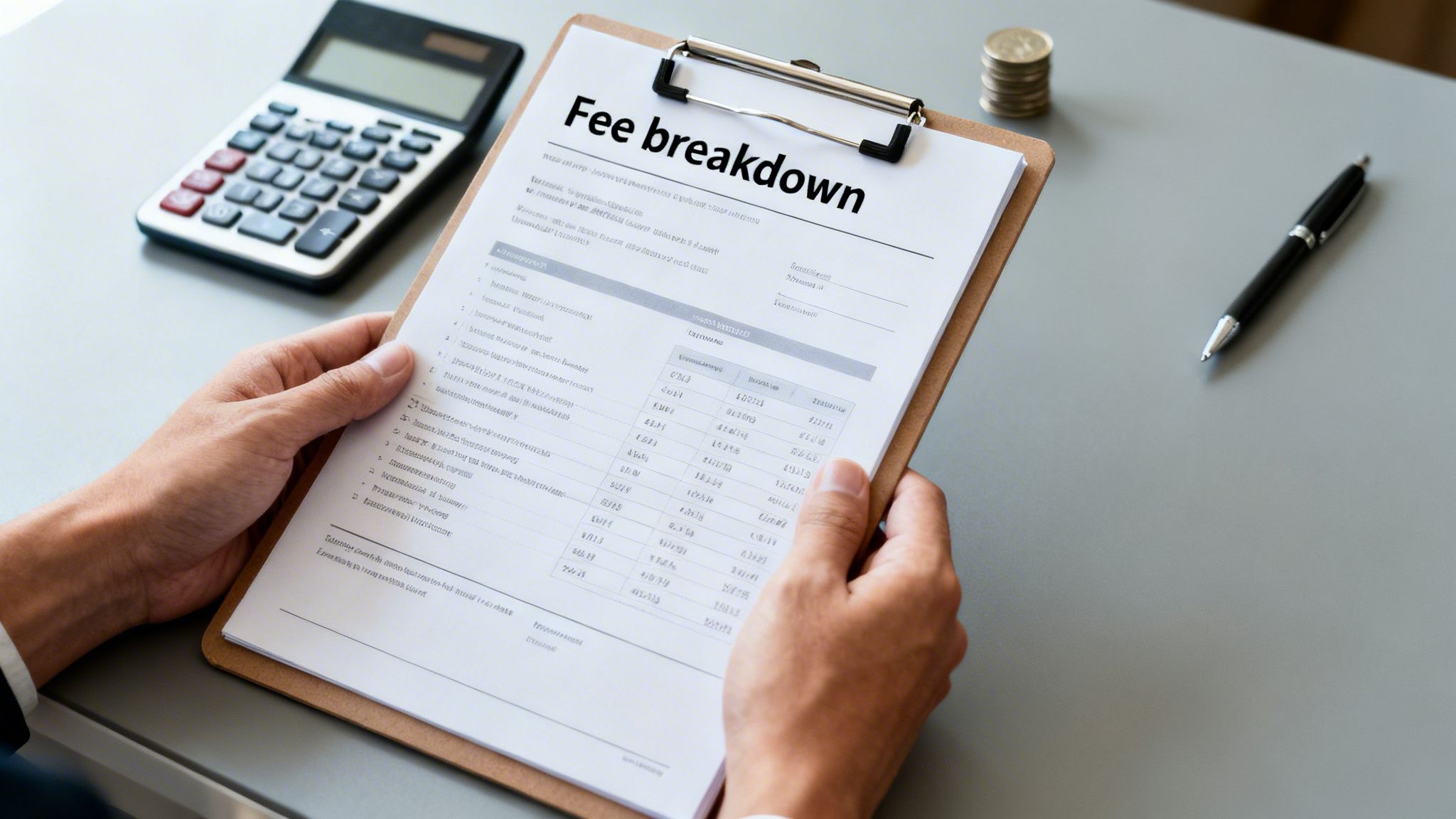 A person holds a "Fee breakdown" document on a clipboard, with a calculator and coins on a desk.