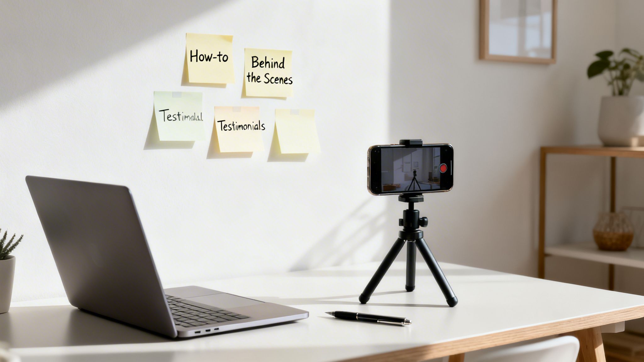 A home studio setup with a laptop, a smartphone on a tripod recording, and sticky notes with video content ideas on the wall.