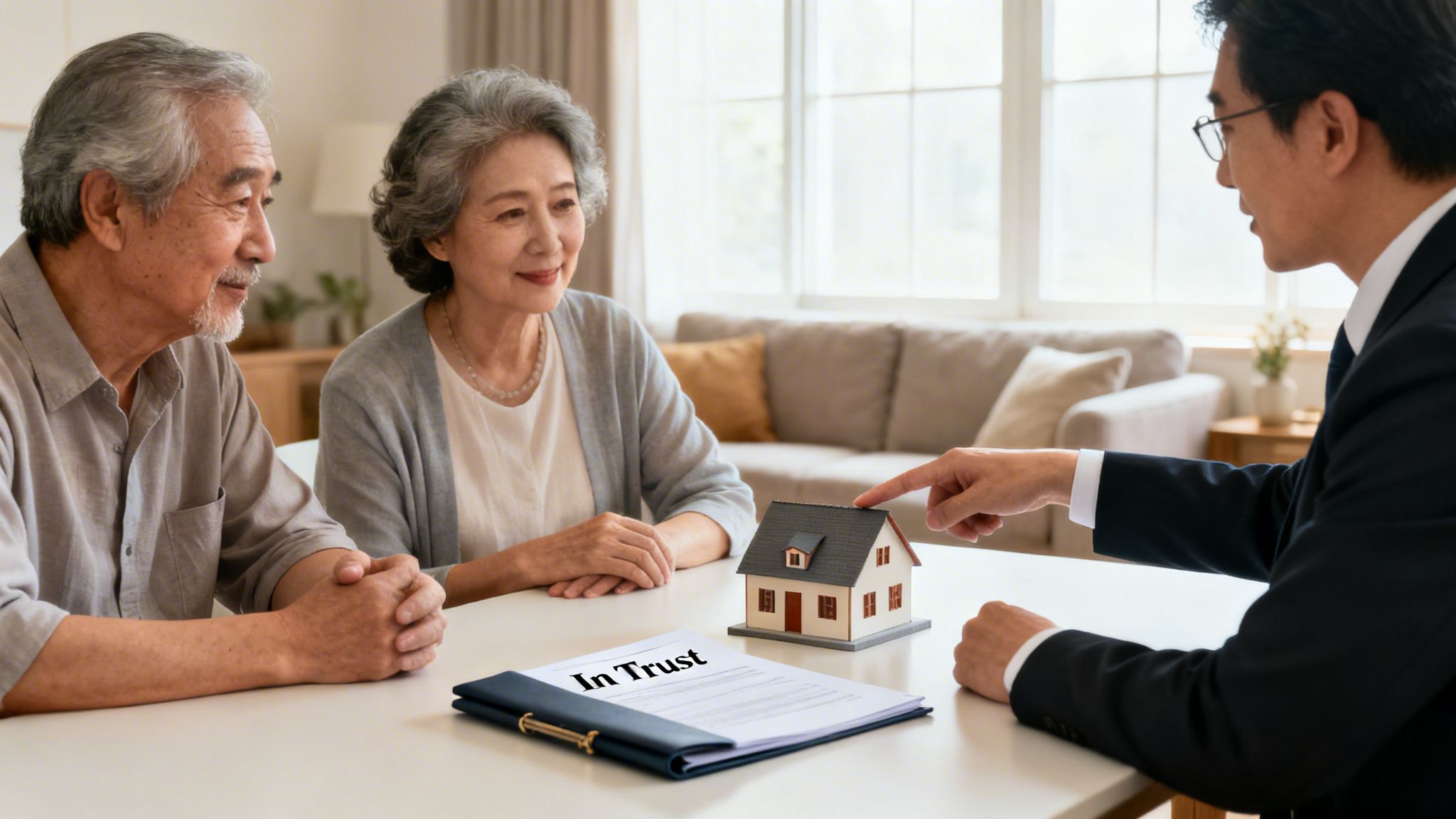 Elderly Asian couple consults with an agent about a house model and 'In Trust' document, discussing estate planning.