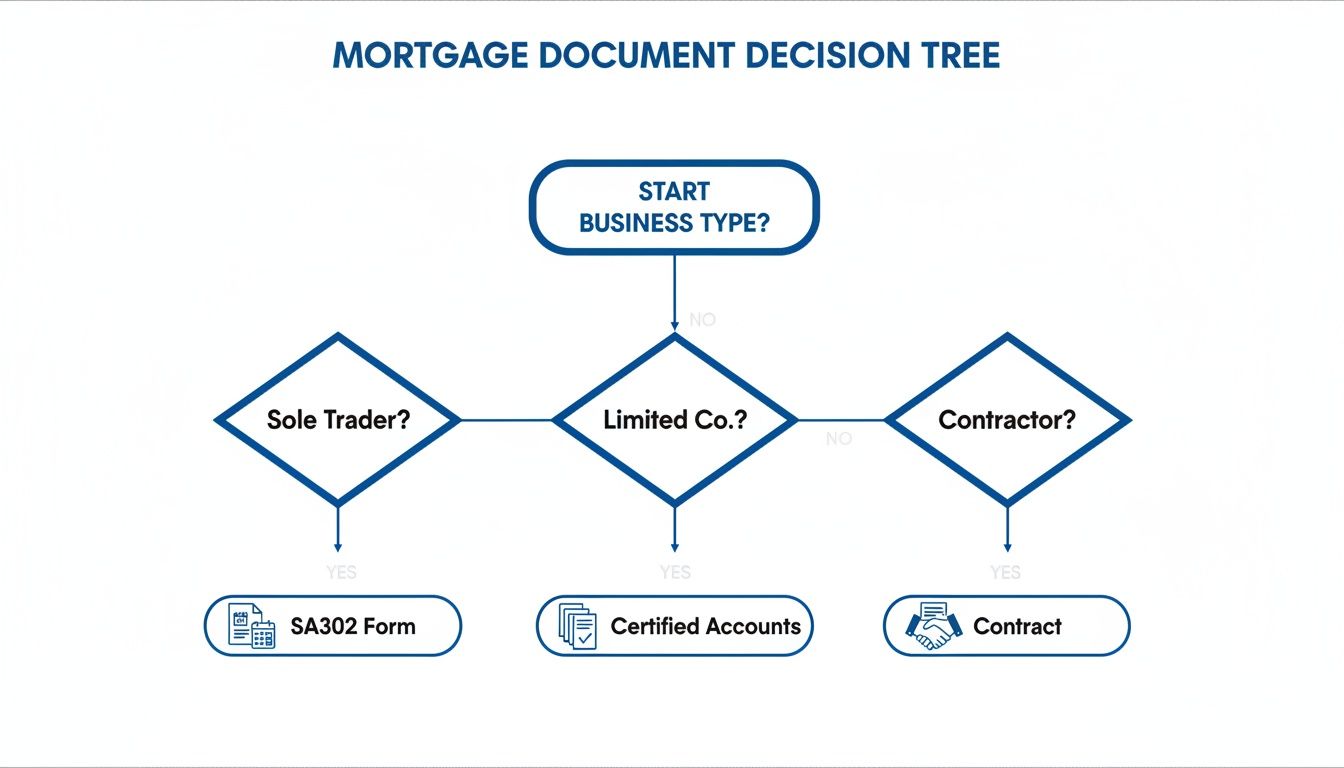 Flowchart illustrating mortgage document requirements based on business type: Sole Trader, Limited Company, or Contractor.