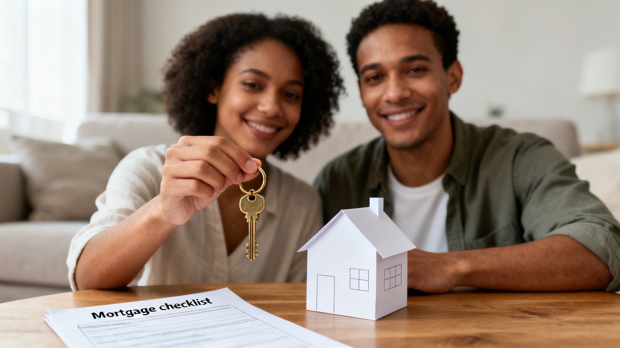 Happy Black couple holds new house key, paper house, and mortgage checklist, celebrating homeownership.