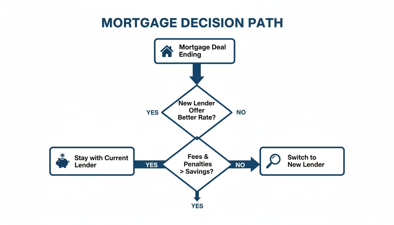 Flowchart illustrating a mortgage decision path based on comparing current and new lenders.