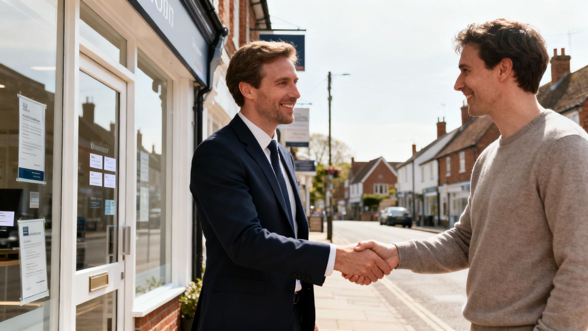 Two smiling men shake hands in front of a shop on a sunny street, likely a business agreement.