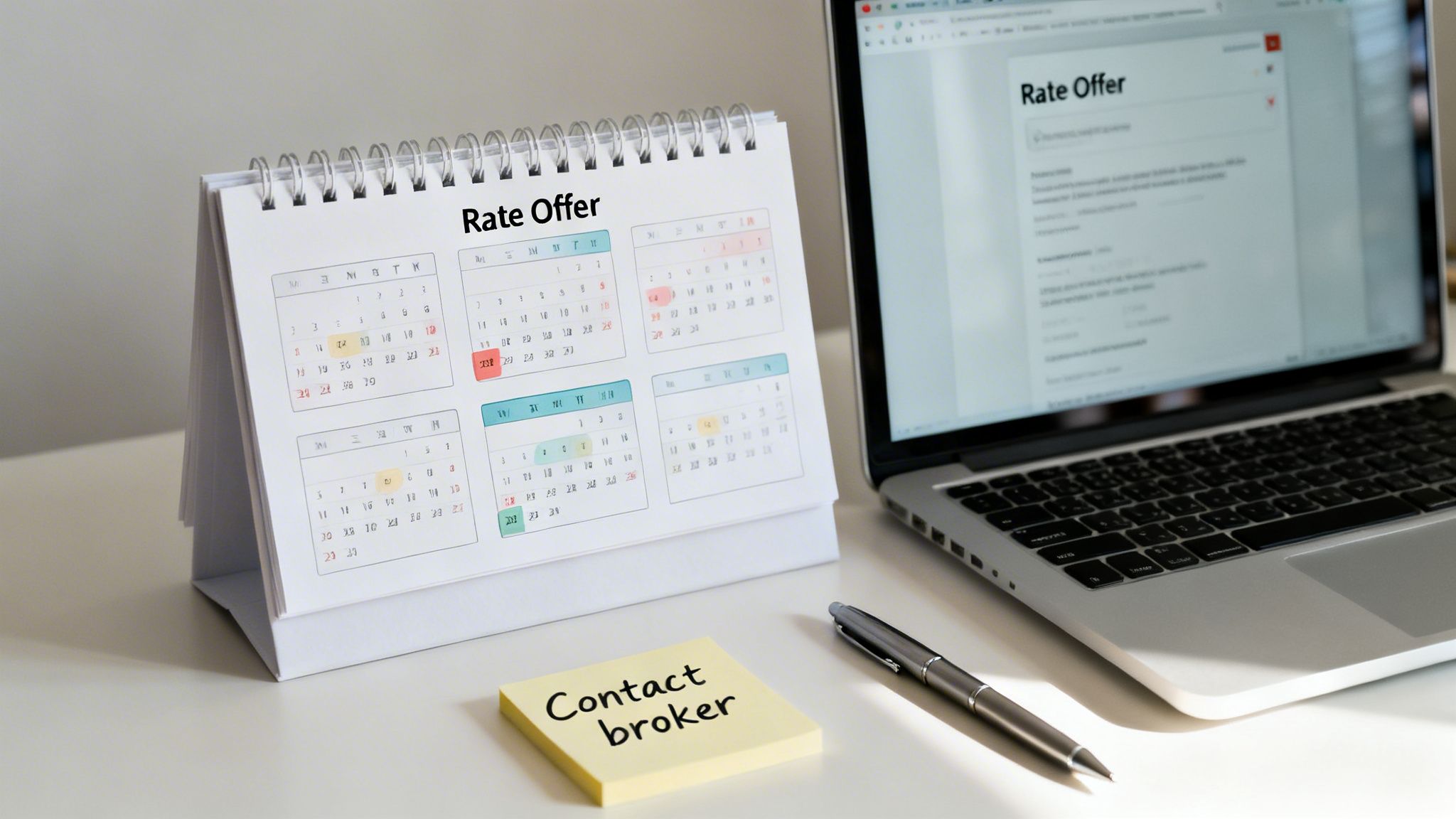A desk with a laptop, a calendar displaying 'Rate Offer', a pen, and a 'Contact broker' sticky note.