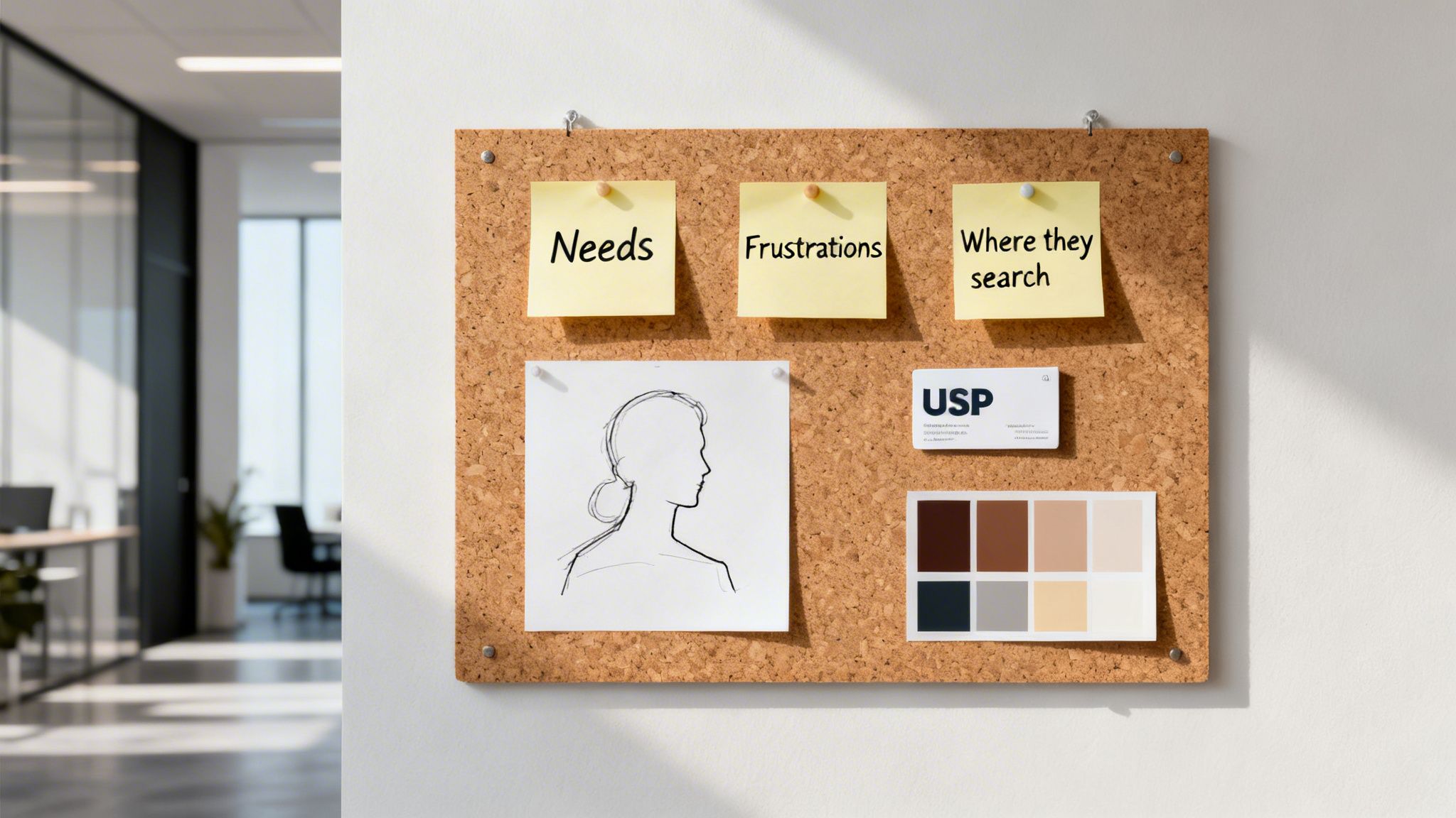 Office corkboard displaying marketing strategy notes on needs, frustrations, USP, and a customer persona sketch.