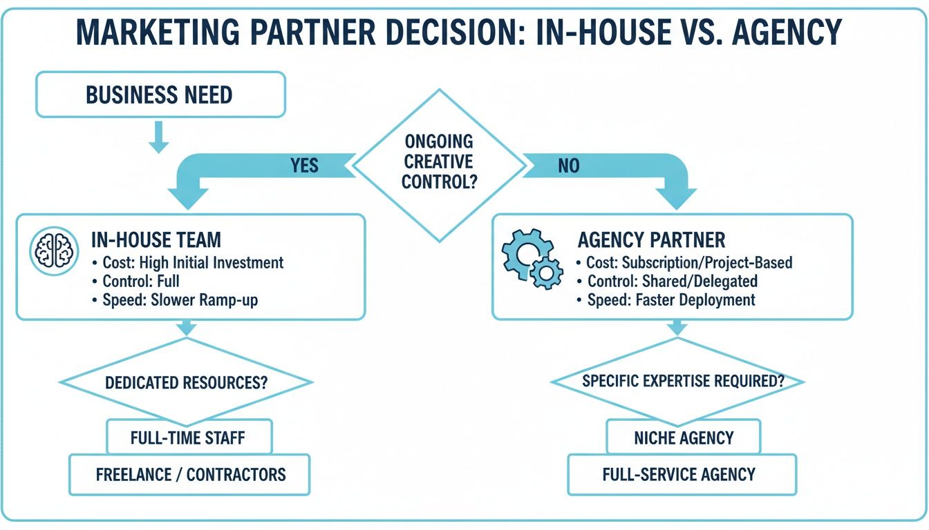 Flowchart comparing in-house vs. agency marketing teams based on cost, control, and speed.