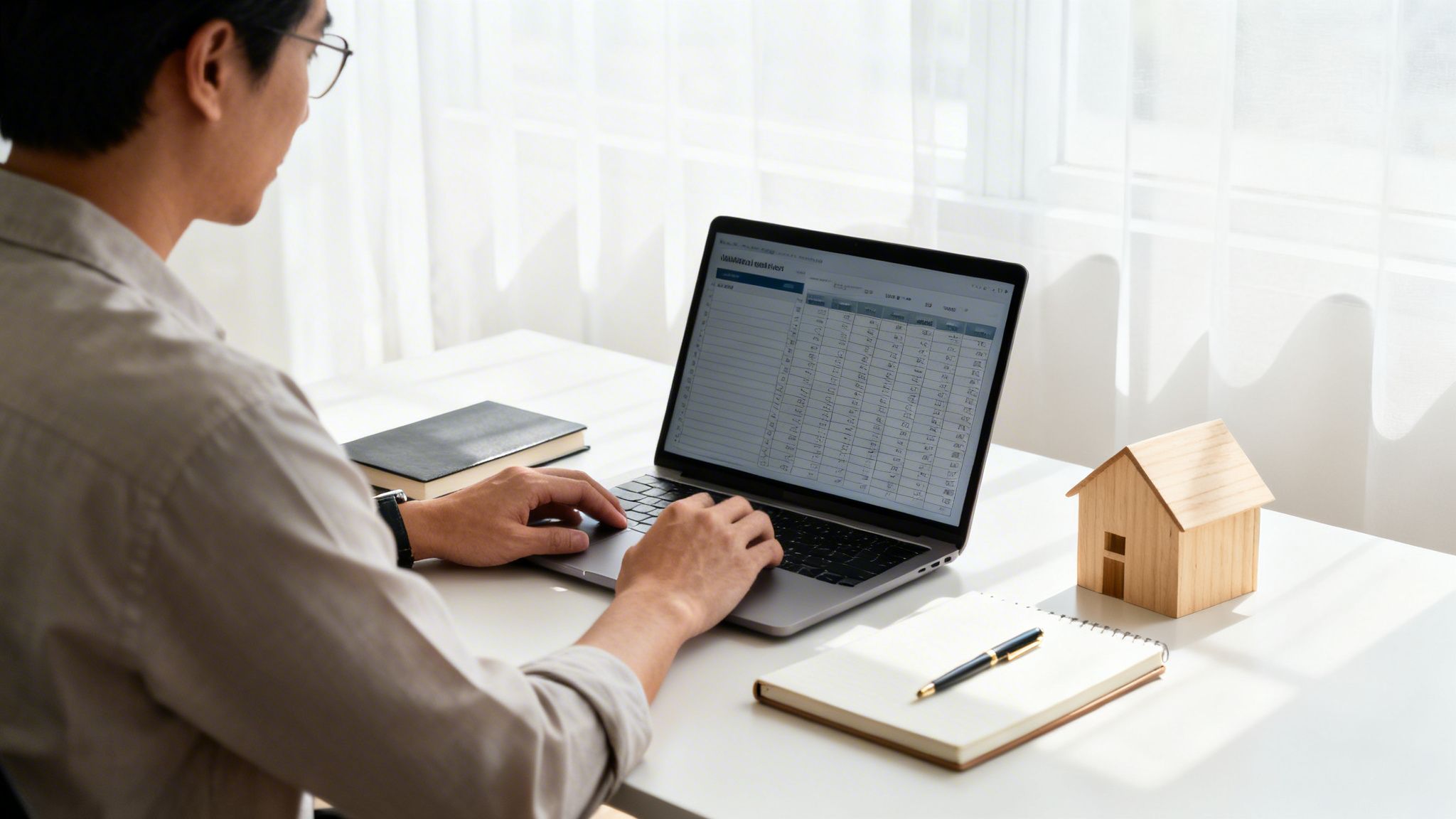 Person reviewing financial data on a laptop with a wooden house model on the desk, perhaps for mortgage planning.