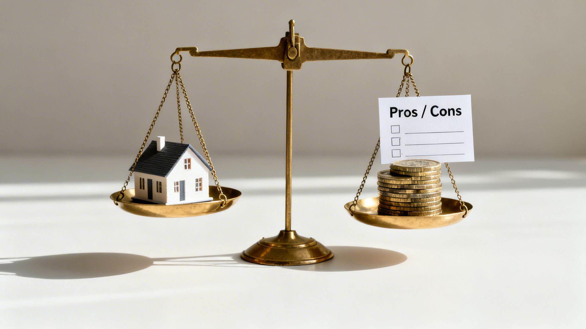 A brass balance scale weighs a miniature white house against a stack of gold coins and a 'Pros / Cons' checklist.