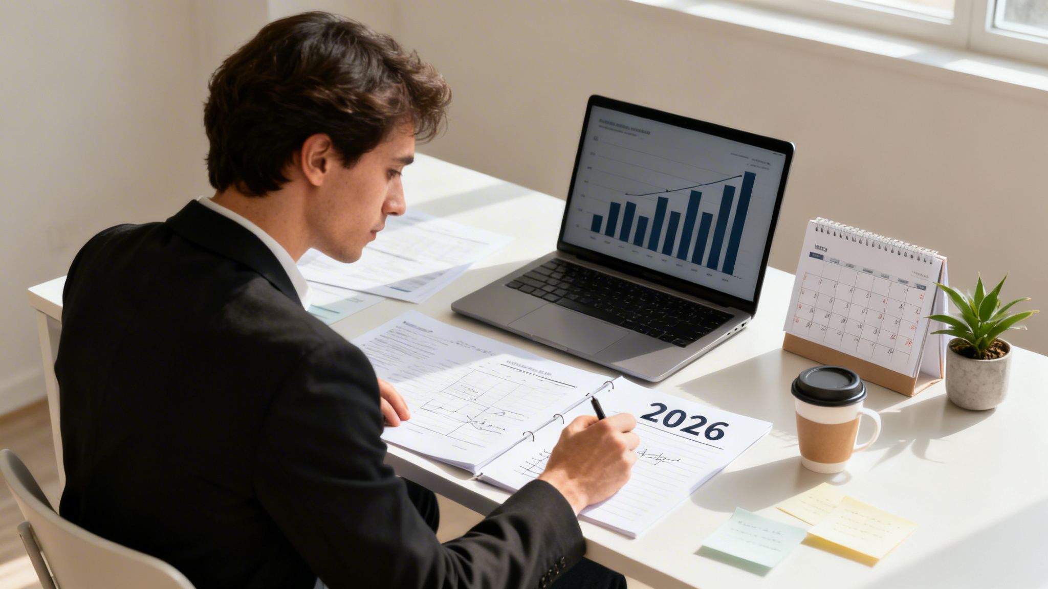 A man in a suit working at a desk, reviewing documents and a laptop with a graph.